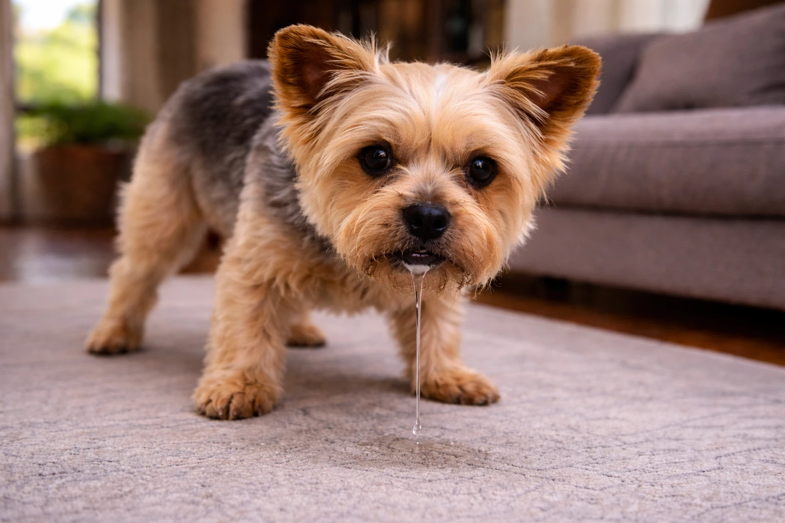Yorkshire terrier drooling indoors possibly showing signs of stress or anxiety