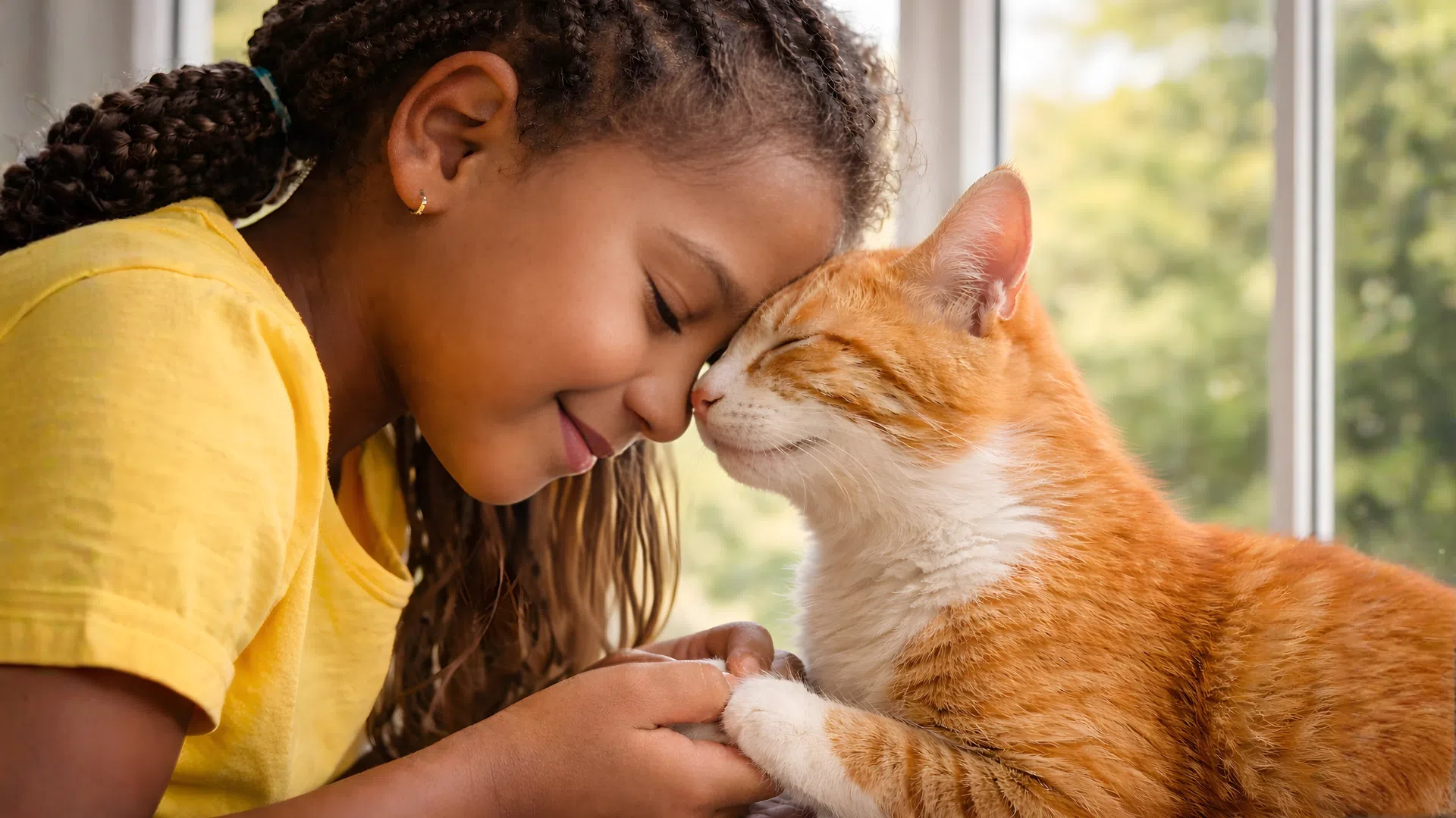 Young girl gently touching noses with a healthy orange cat showing affection and strong human pet bond indoors
