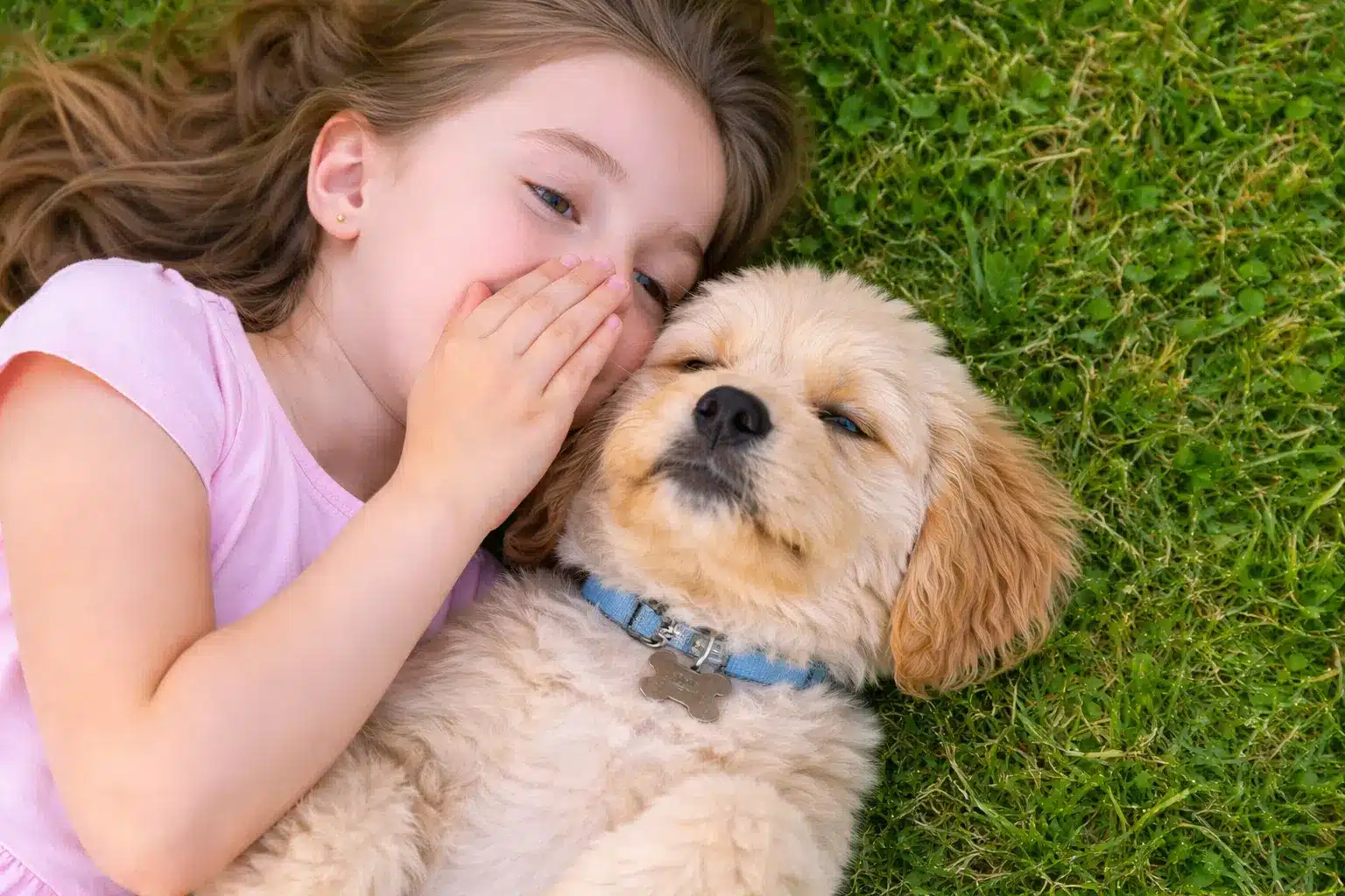 Young girl lying on grass whispering to her dog, suggesting communication and understanding between dogs and humans