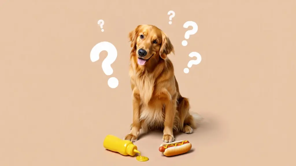 Confused golden retriever sitting near spilled mustard and a hot dog with question marks on a beige background