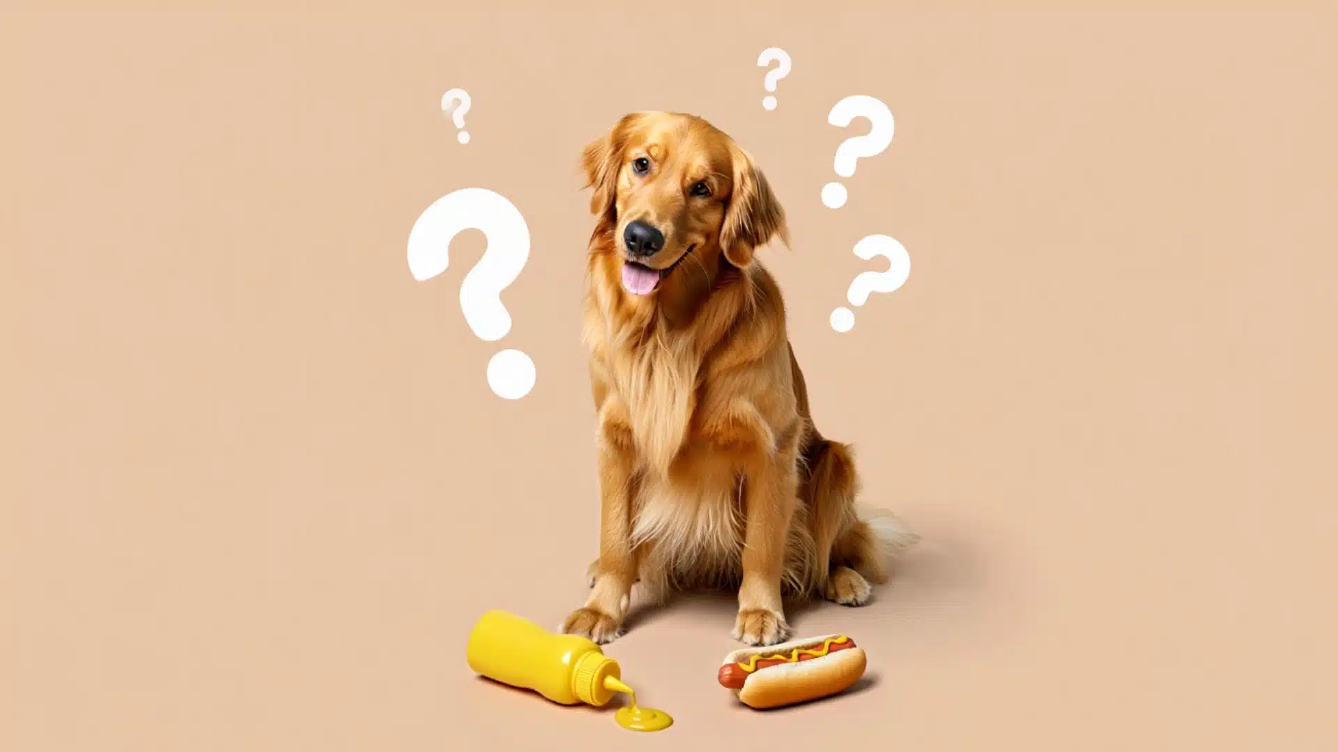 Confused golden retriever sitting near spilled mustard and a hot dog with question marks on a beige background