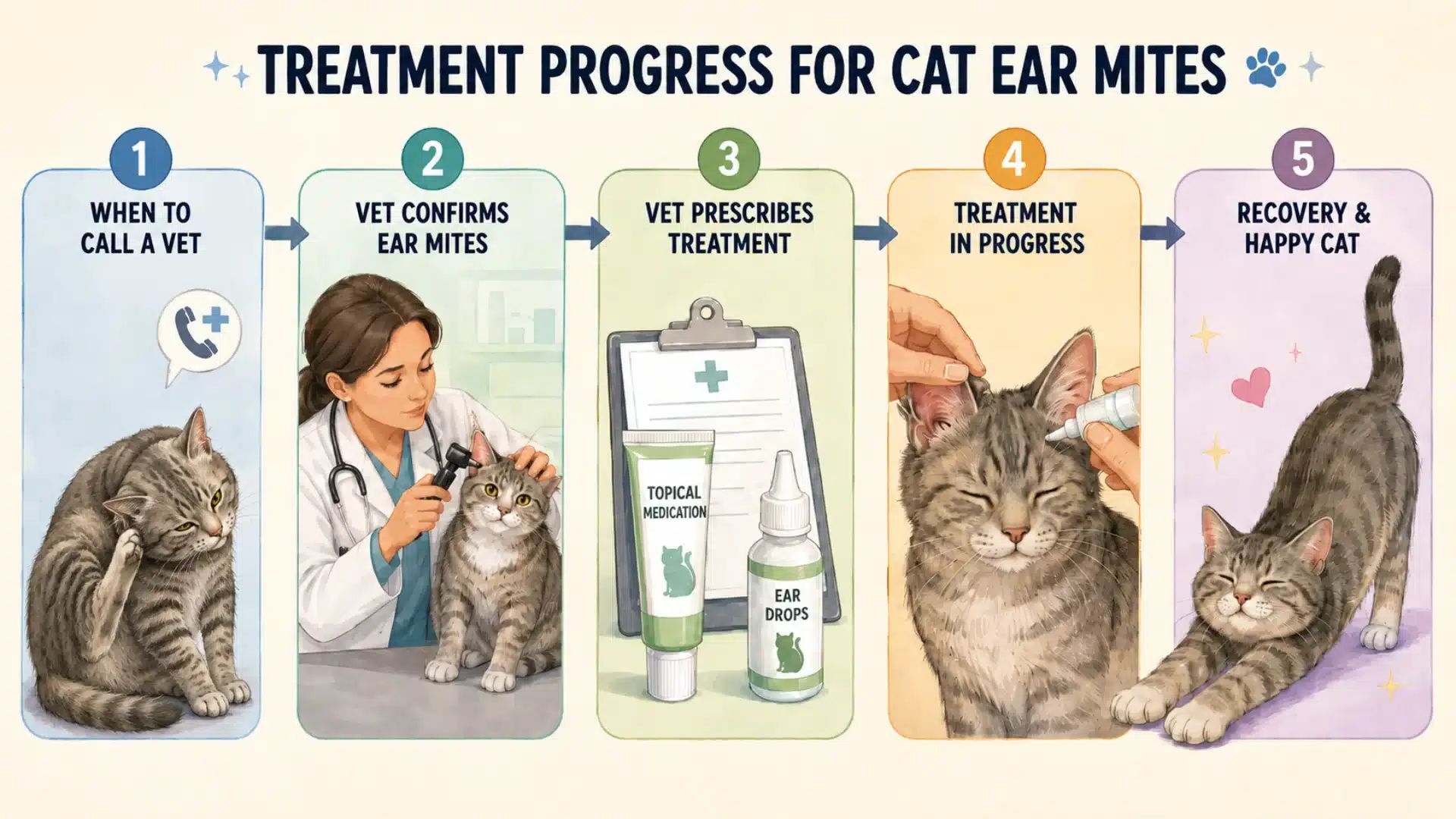 Five-step infographic showing cat ear mite care vet visit, diagnosis, treatment, ear drops, and happy recovery