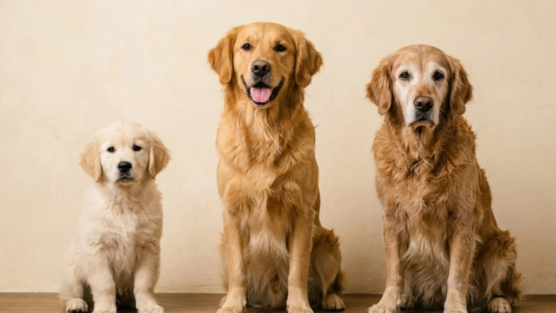 Golden Retriever puppy, adult, and senior dog showing different life stages side by side