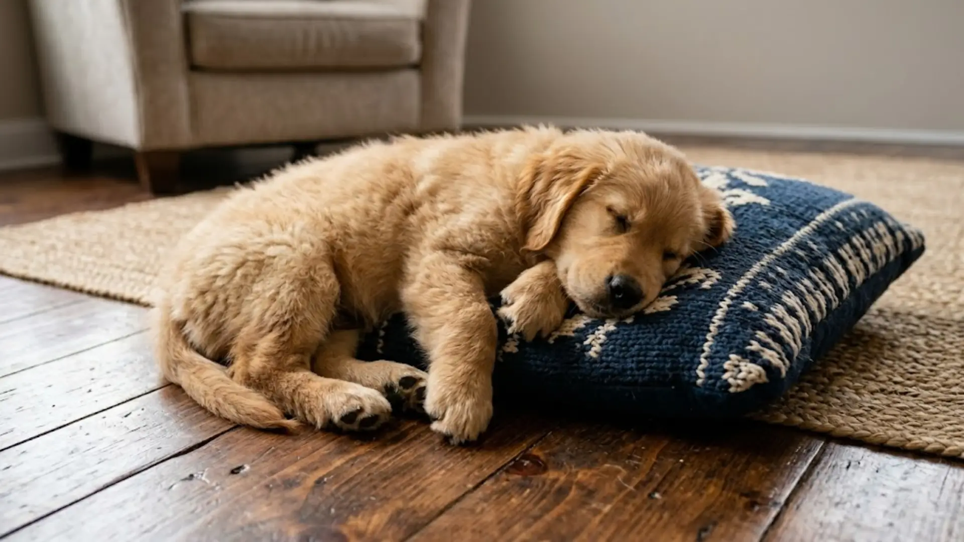 Golden Retriever puppy sleeping on a cushion indoors showing health issues symptoms in a cozy living room