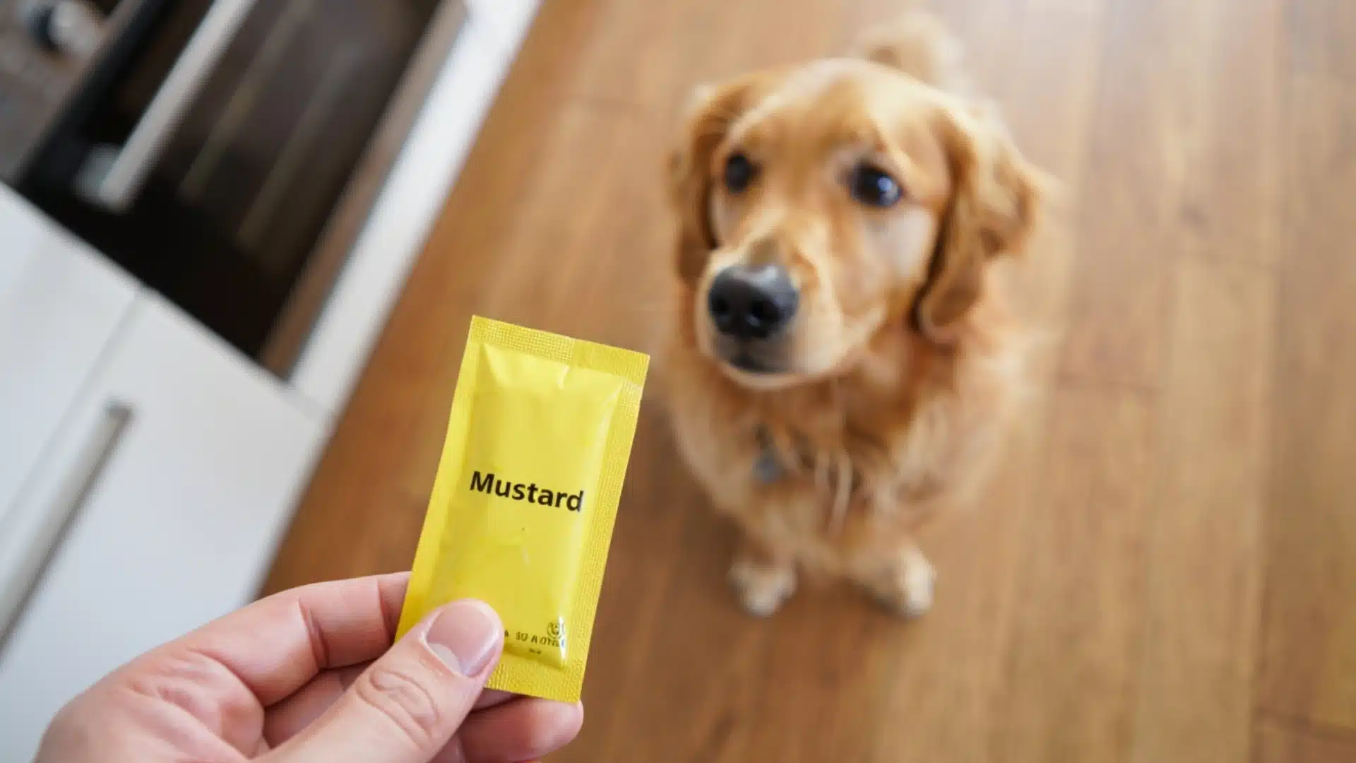 Golden retriever being offered a yellow mustard packet by its owner on a kitchen floor