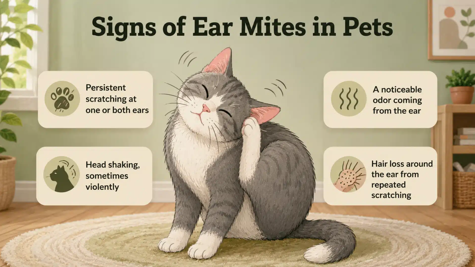 Illustrated infographic showing common ear mite symptoms in cats inside a cozy home setting