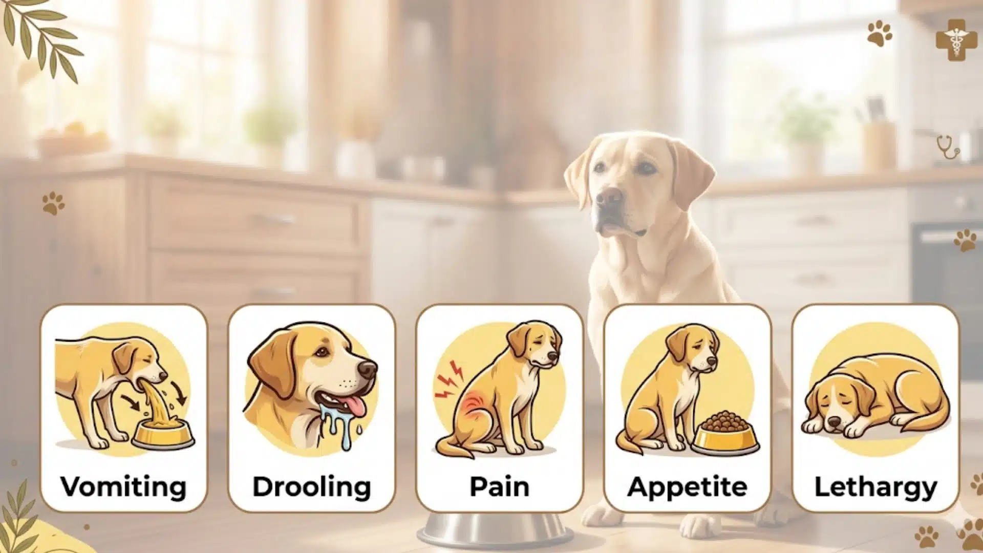 Infographic showing mustard poisoning symptoms in dogs including vomiting, drooling, pain, appetite loss, and lethargy signs
