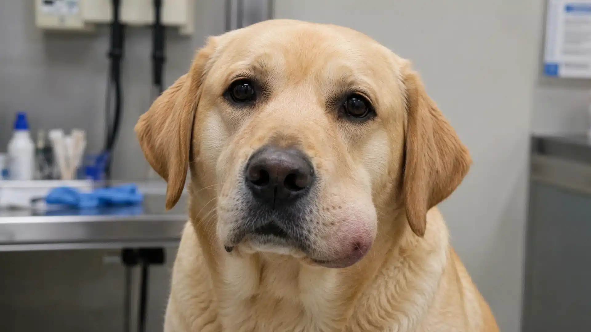Labrador sitting inside a veterinary clinic with swollen cheek after a bee sting reaction near the mouth area