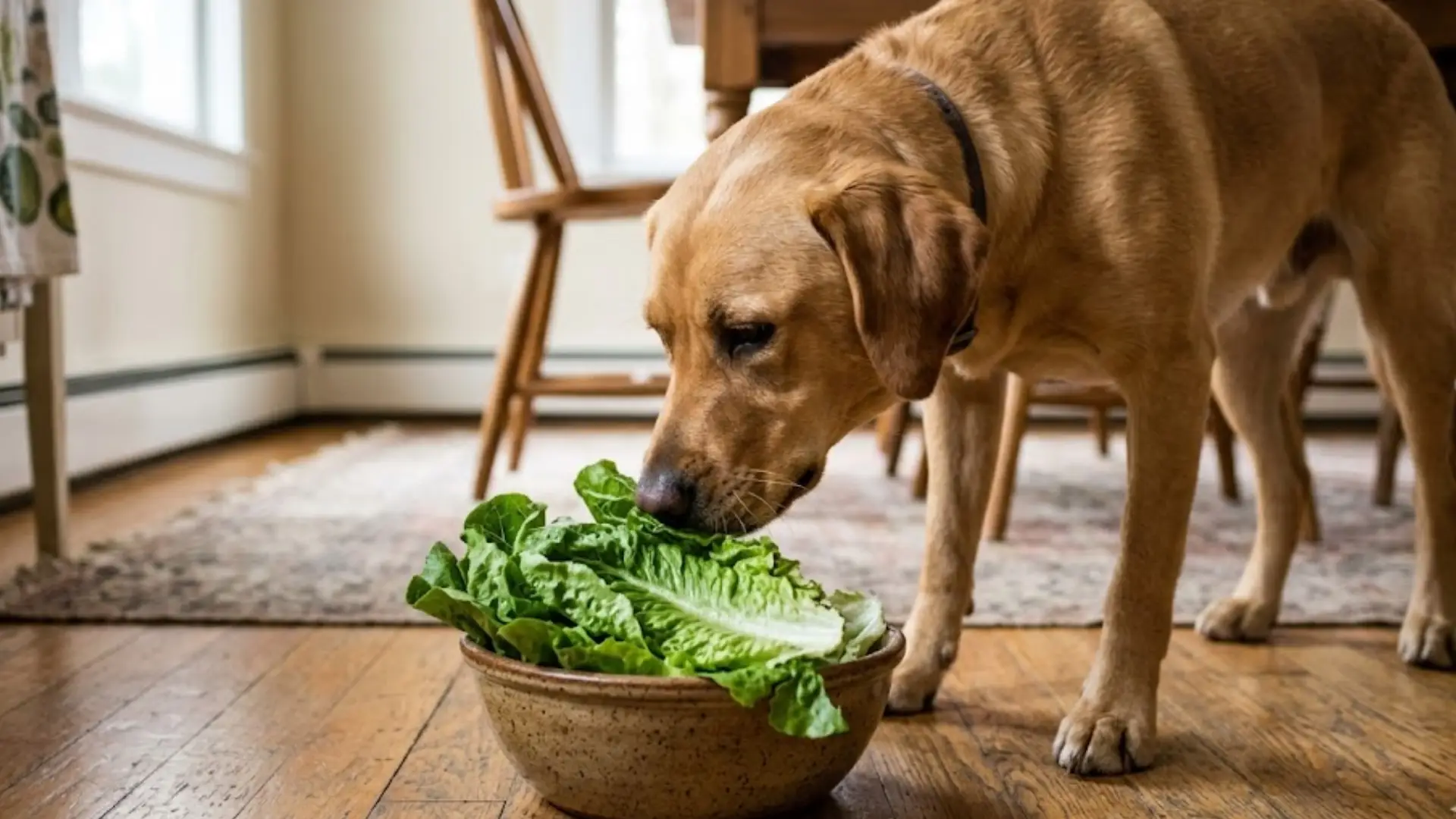 Labrador sniffing fresh romaine lettuce in a bowl indoors before eating a healthy snack