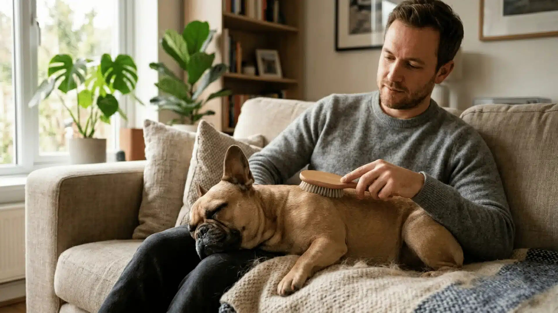 Man brushing a relaxed French Bulldog on a couch in a cozy living room with loose fur visible on the blanket