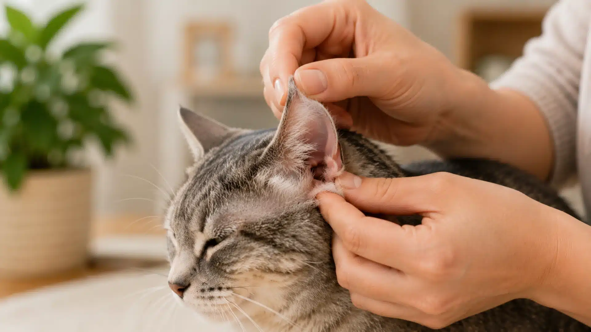 Person gently checking a gray tabby cat’s ear indoors in a cozy home setting