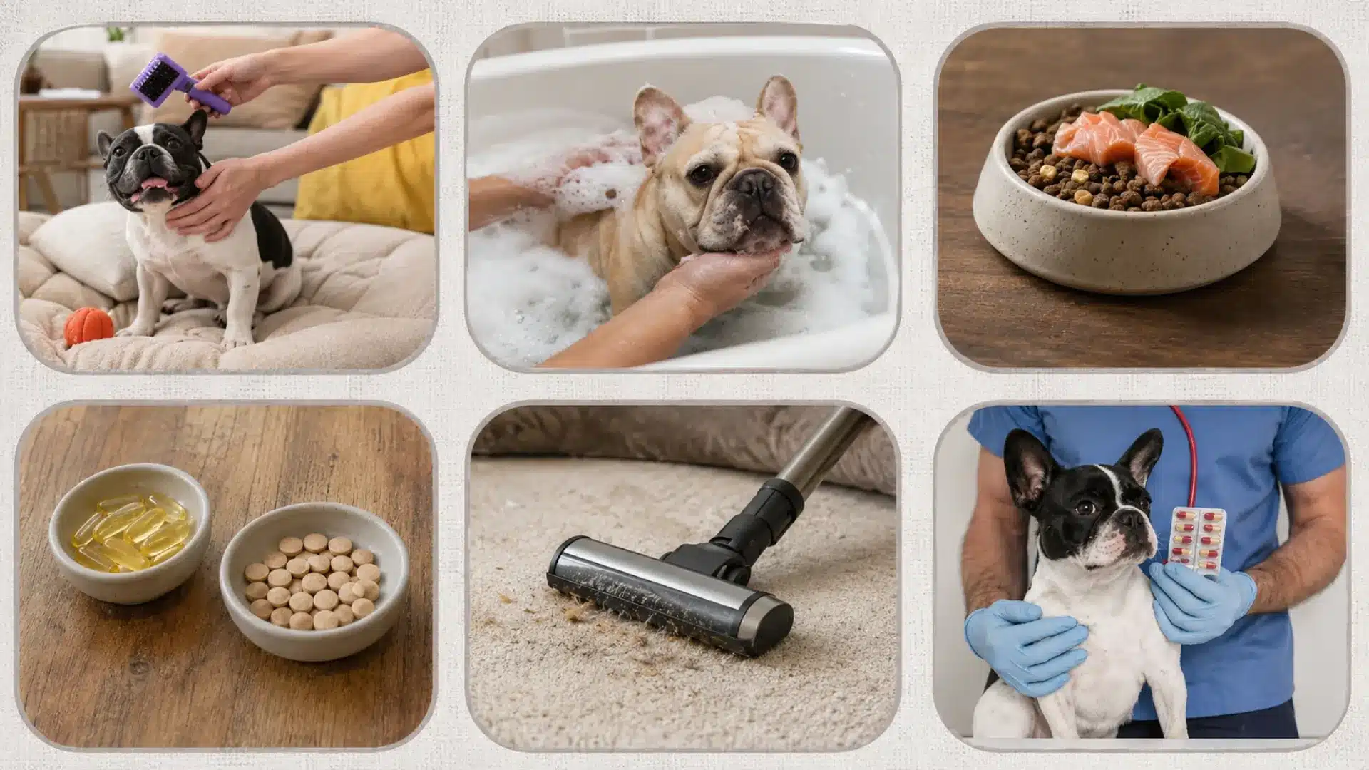 Pet care collage with dog bathing, grooming, vacuum cleaning, supplements, healthy food, and vet visit