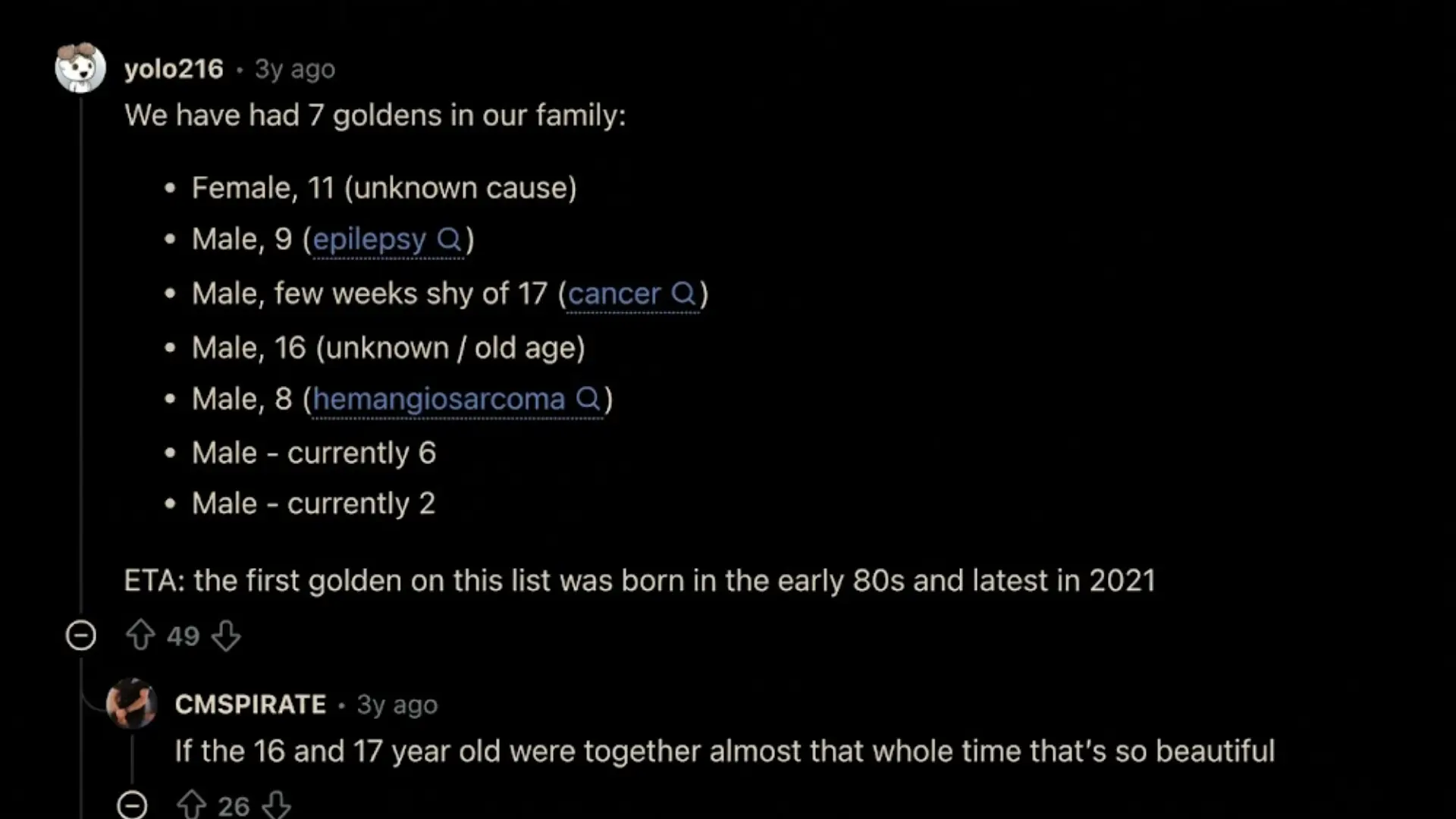 Reddit comment thread discussing 7 Golden Retrievers, their ages, causes of death, and lifespans
