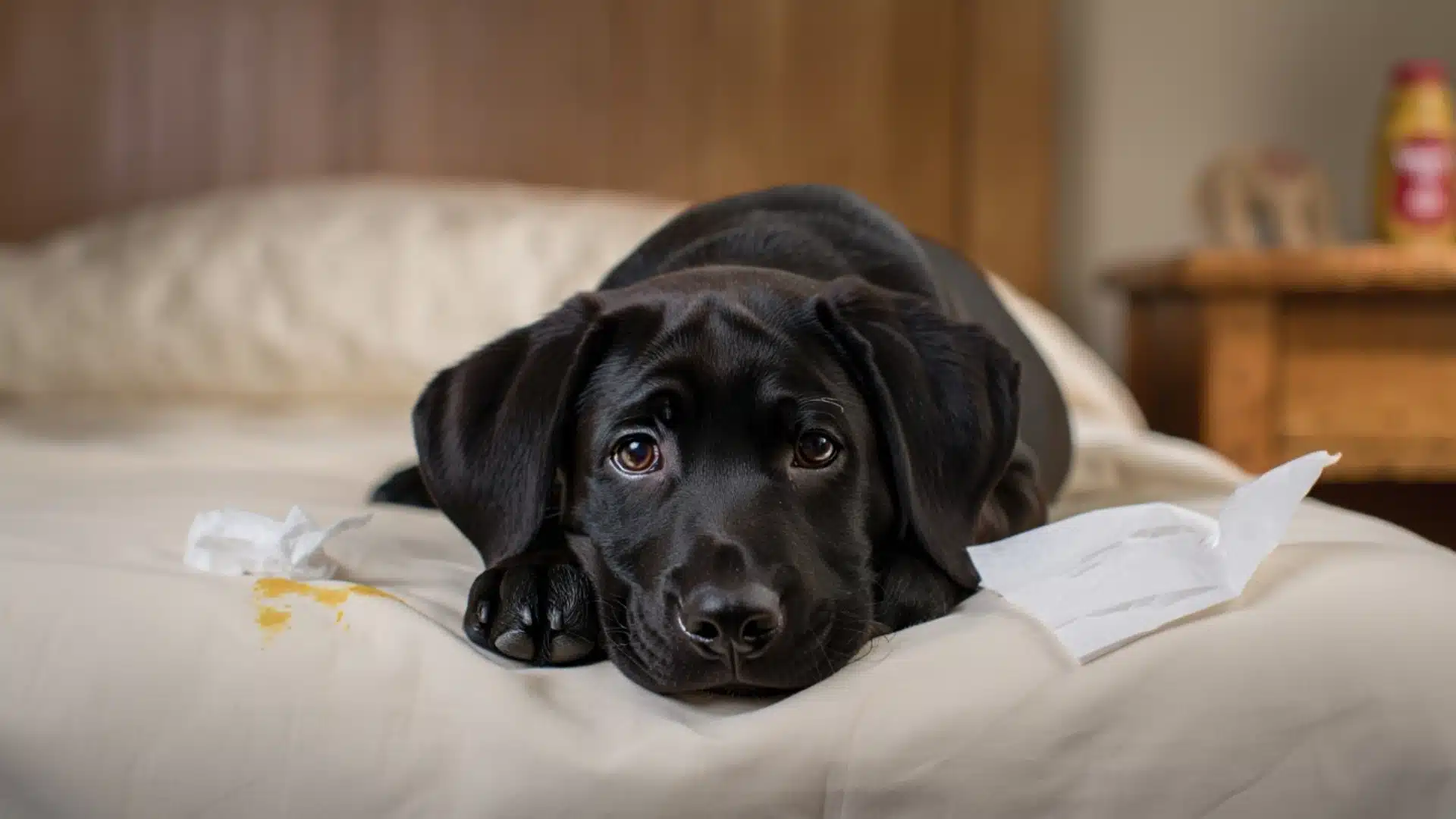 Sad black Labrador puppy resting on bed beside tissues and mustard stain with tired sick expression indoors