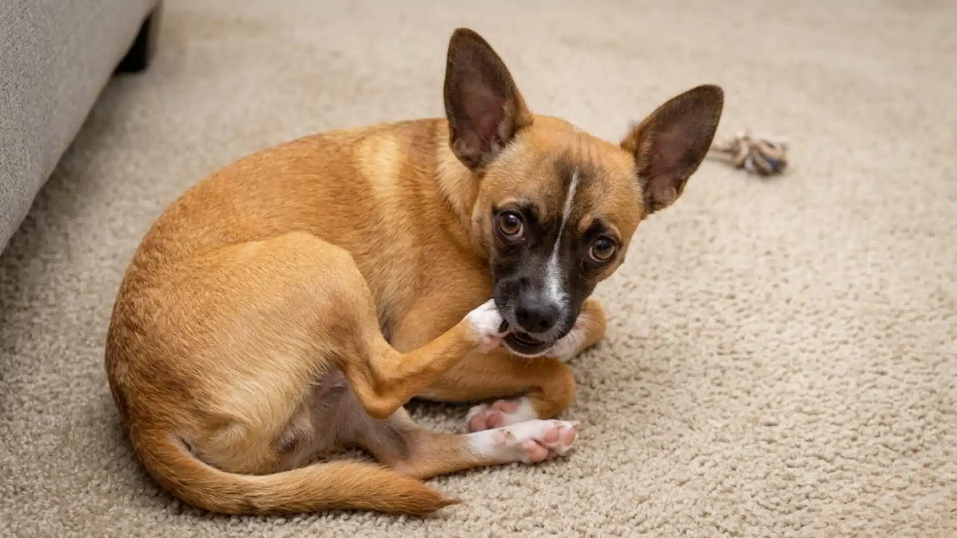 Small dog chewing and licking its paw indoors, showing possible irritation, stress, or allergy-related behavior