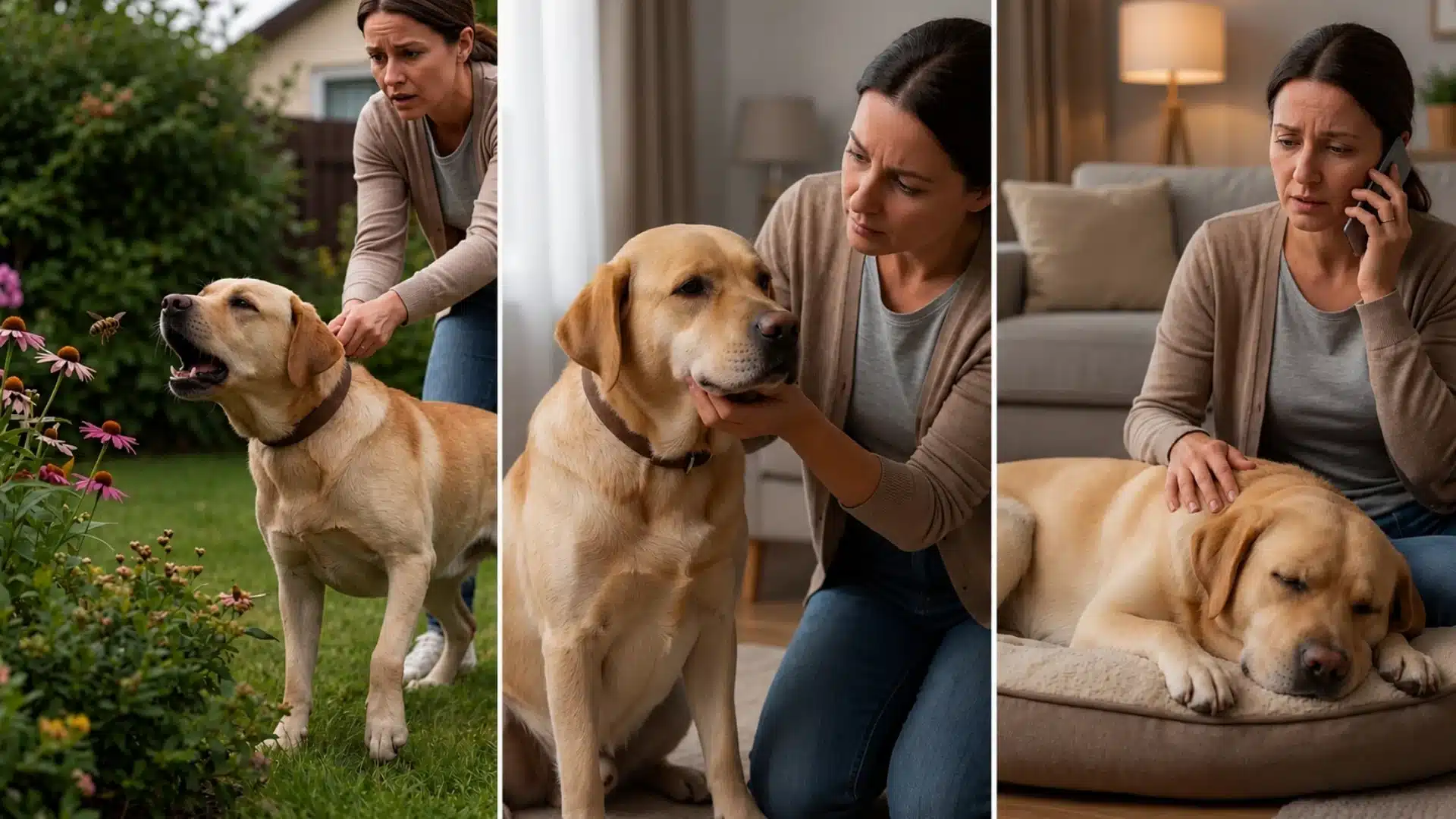 Three panel image showing dog bee sting symptoms, facial swelling care, and worried owner calling vet at home