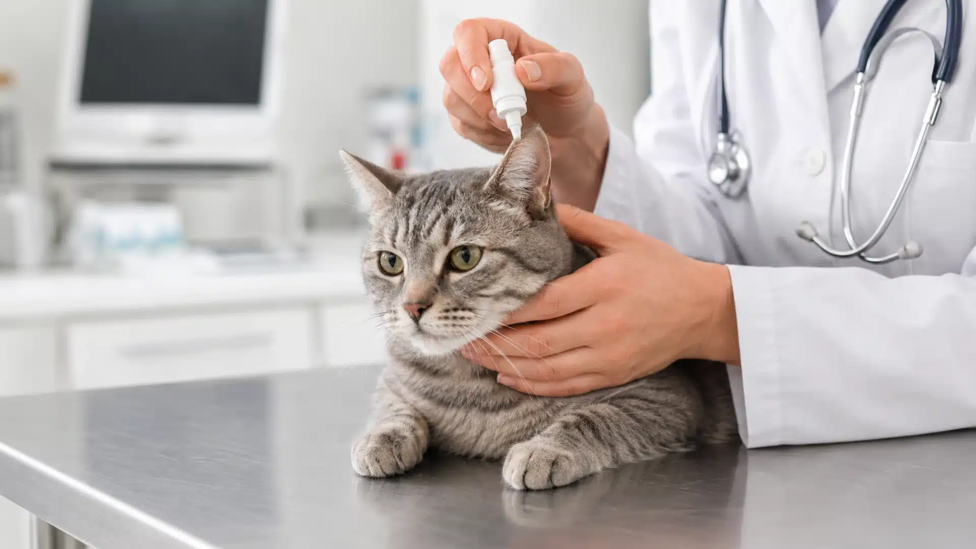 Veterinarian applying ear drops to a gray tabby cat during an ear mite treatment visit in a clean clinic setting