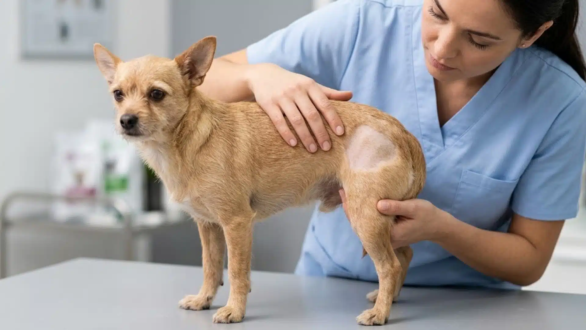 Veterinarian checking dog with patchy hair loss and bald skin area during a clinic examination