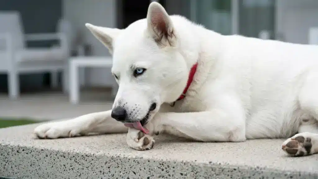 White dog licking its paw outdoors, showing possible paw irritation, allergy, injury, or grooming behavior