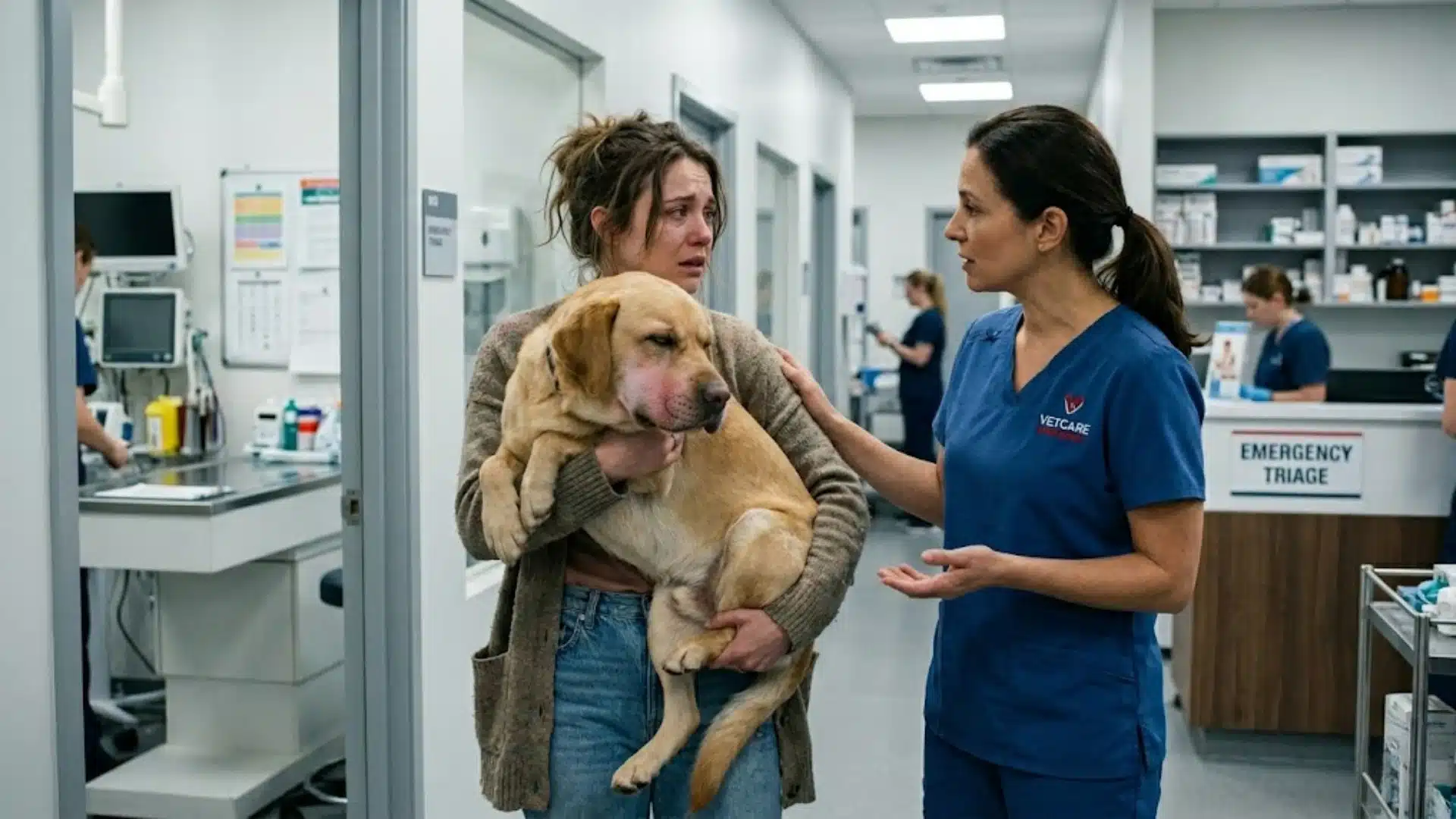 Worried dog owner carrying swollen Labrador inside emergency veterinary clinic while a vet offers comfort and guidance
