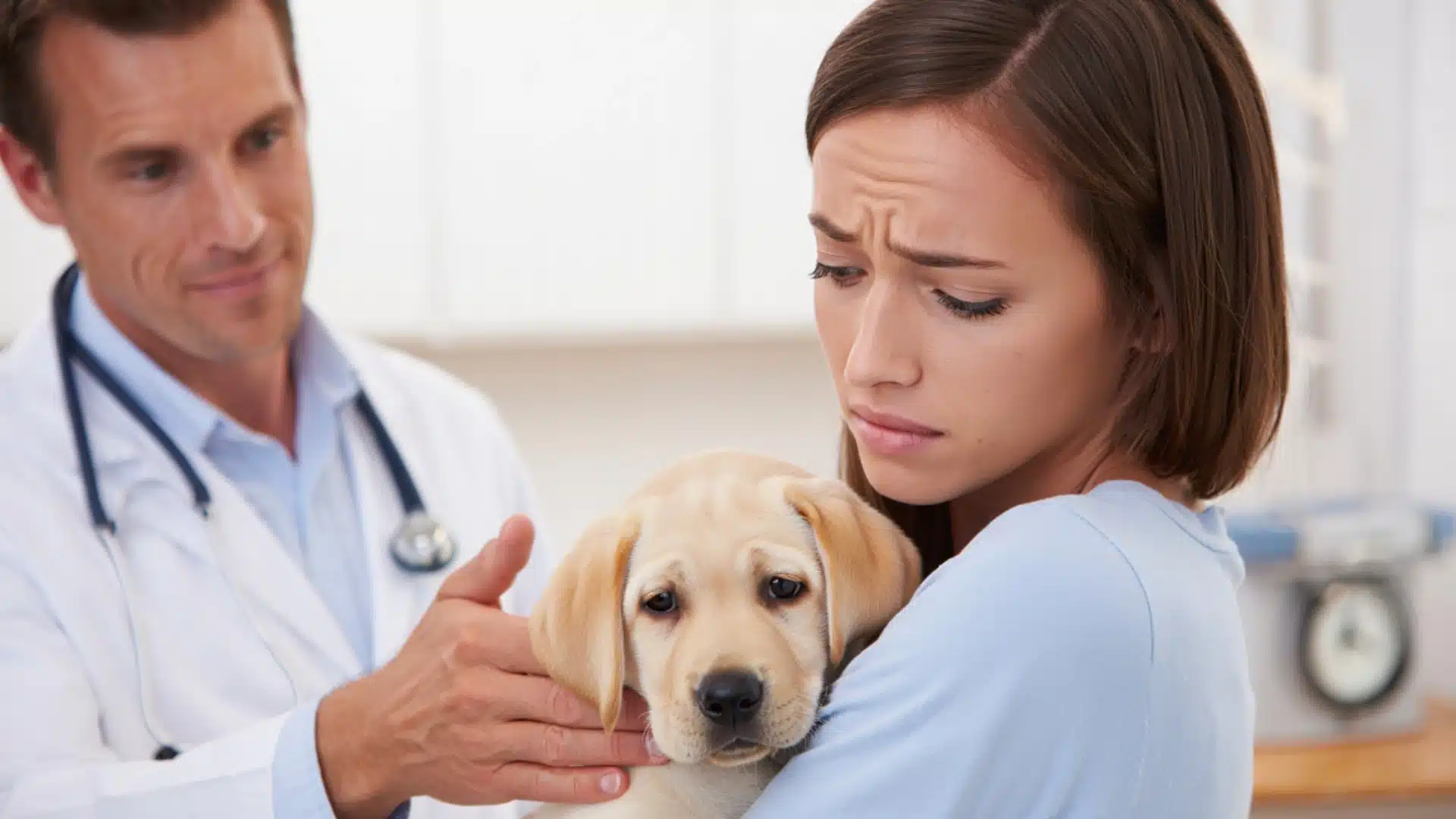 Worried dog owner holding sick Labrador puppy while veterinarian comforts them during clinic visit indoors