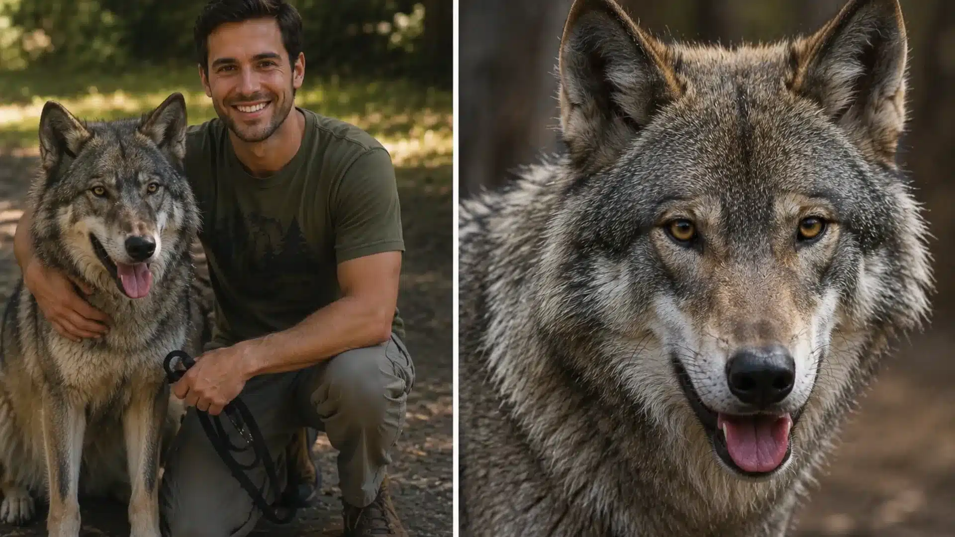 Young man posing beside a realistic gray wolf outdoors with a close-up portrait of the wolf shown alongside him