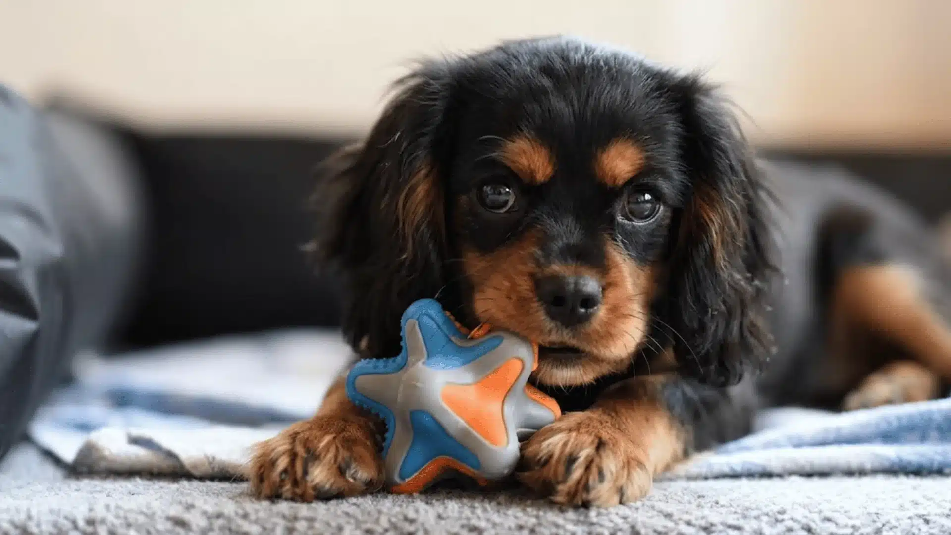 A black and tan Cavalier King Charles Spaniel puppy lying on a rug and chewing on a blue and orange star-shaped toy