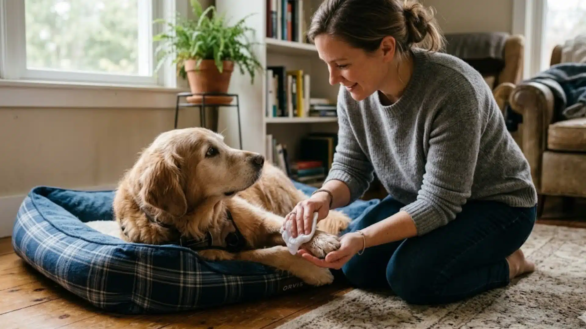 A caring woman gently wipes an older Golden Retriever's paw with a damp cloth in a sunlit, cozy indoor living room.