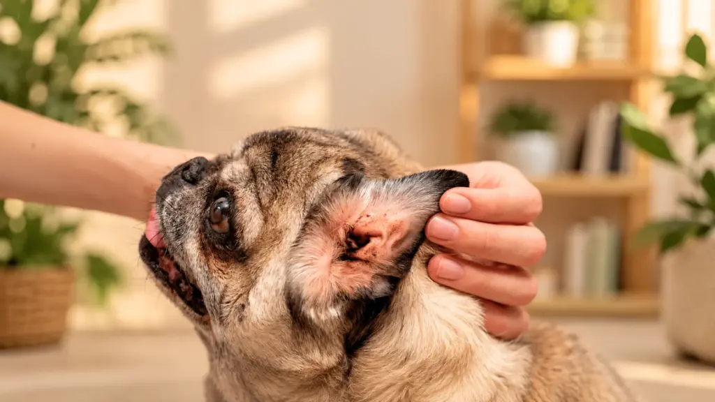 A close-up of a person gently lifting a pug's ear to inspect the inside, set in a bright, indoor room with plants