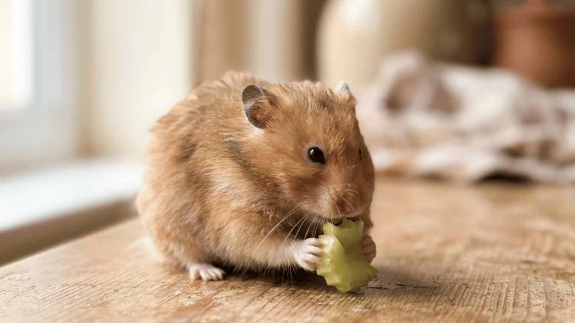 A fluffy Syrian hamster sitting on a wooden table, nibbling on a small piece of light green celery