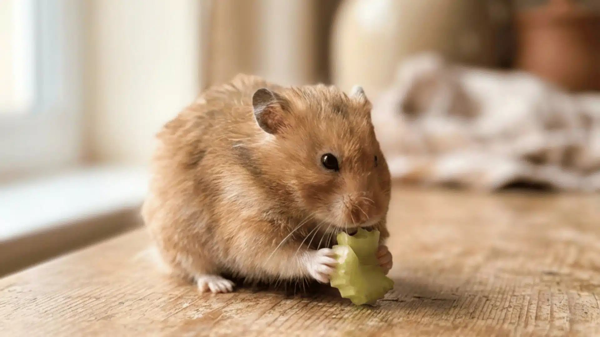 A fluffy Syrian hamster sitting on a wooden table, nibbling on a small piece of light green celery