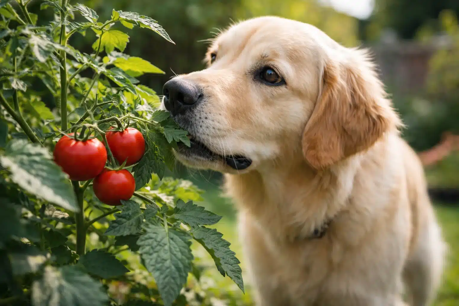 A golden retriever gently nibbles on the green leaves of a tomato plant with ripe red tomatoes in a garden