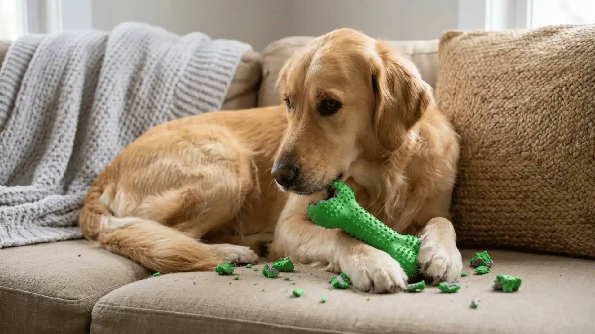 A golden retriever sits on a tan couch, chewing a green rubber bone with small green debris scattered around