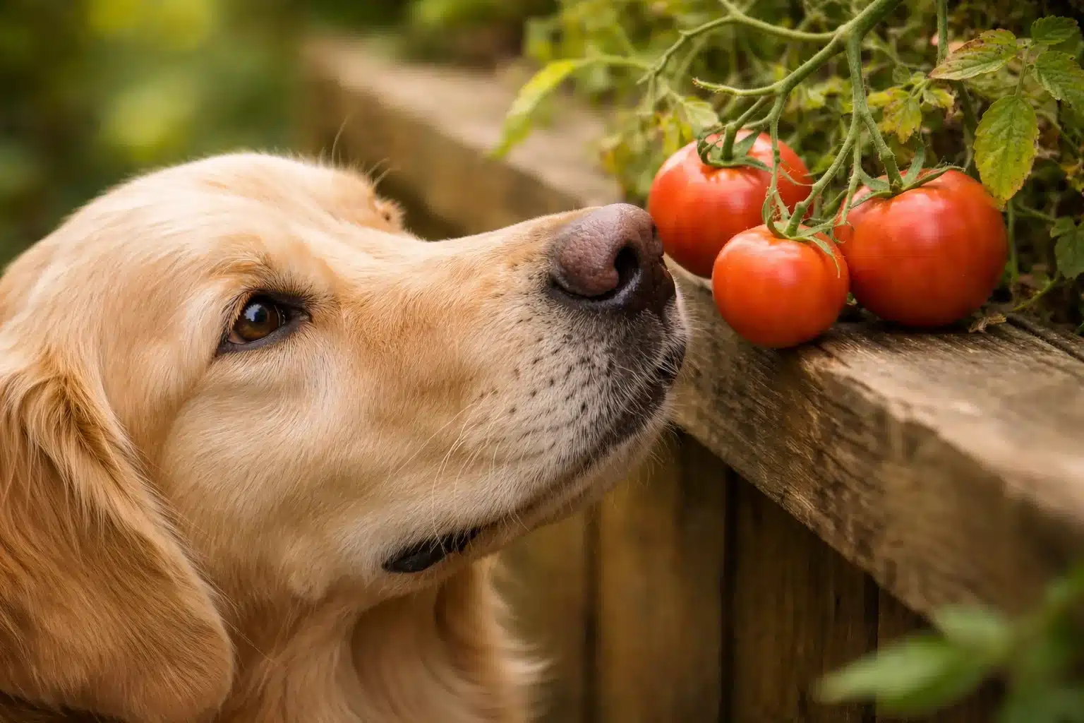 A golden retriever sniffs a cluster of three ripe red tomatoes growing on a vine against a rustic wooden fence