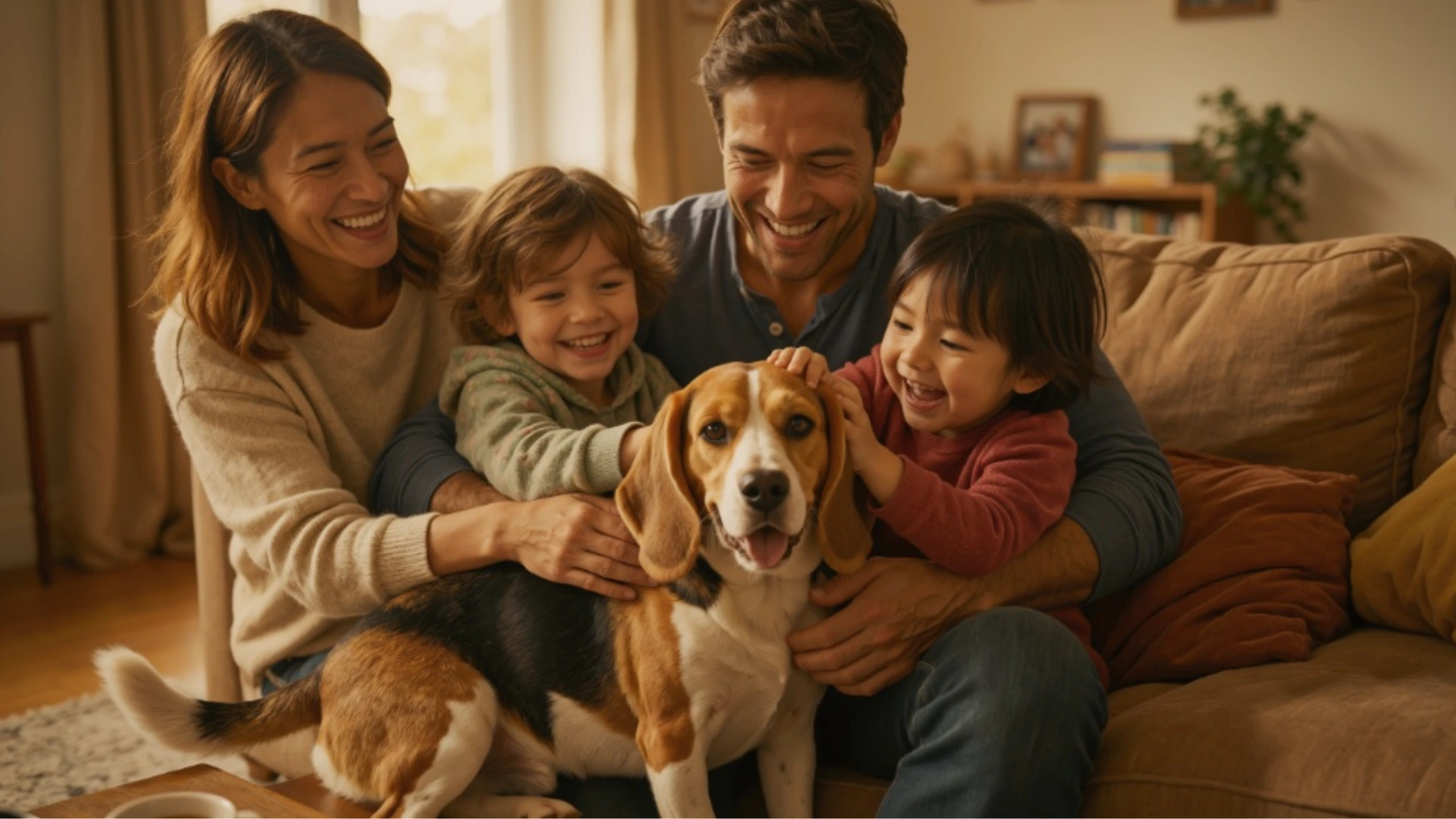 A happy family of four laughs while cuddling their Beagle on a couch in a cozy, sunlit living room