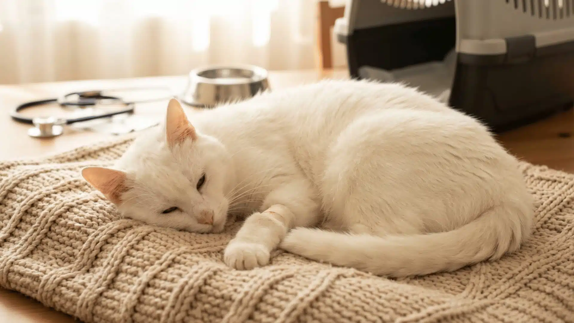 A sick white cat resting on a knit blanket at a vet clinic, with a stethoscope and carrier in the background.