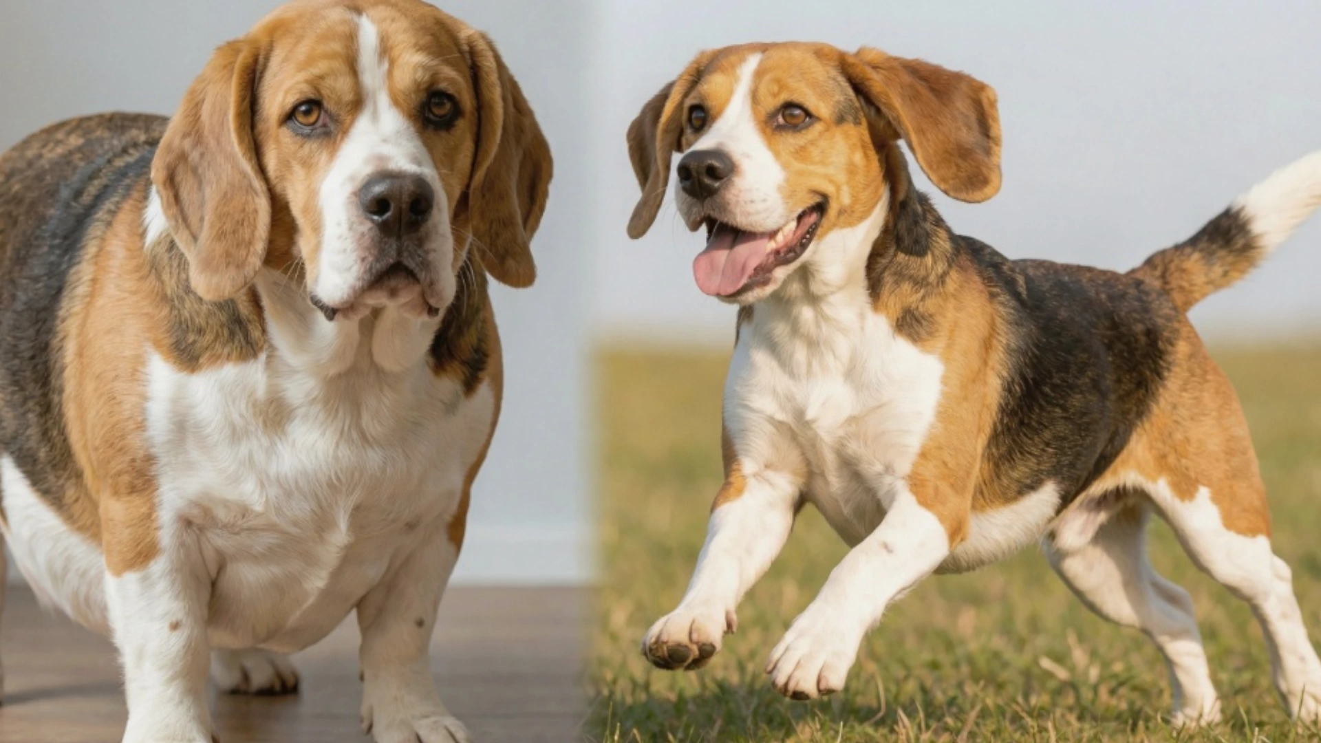 A side-by-side comparison showing an overweight Beagle indoors next to a fit, healthy Beagle running energetically through a field