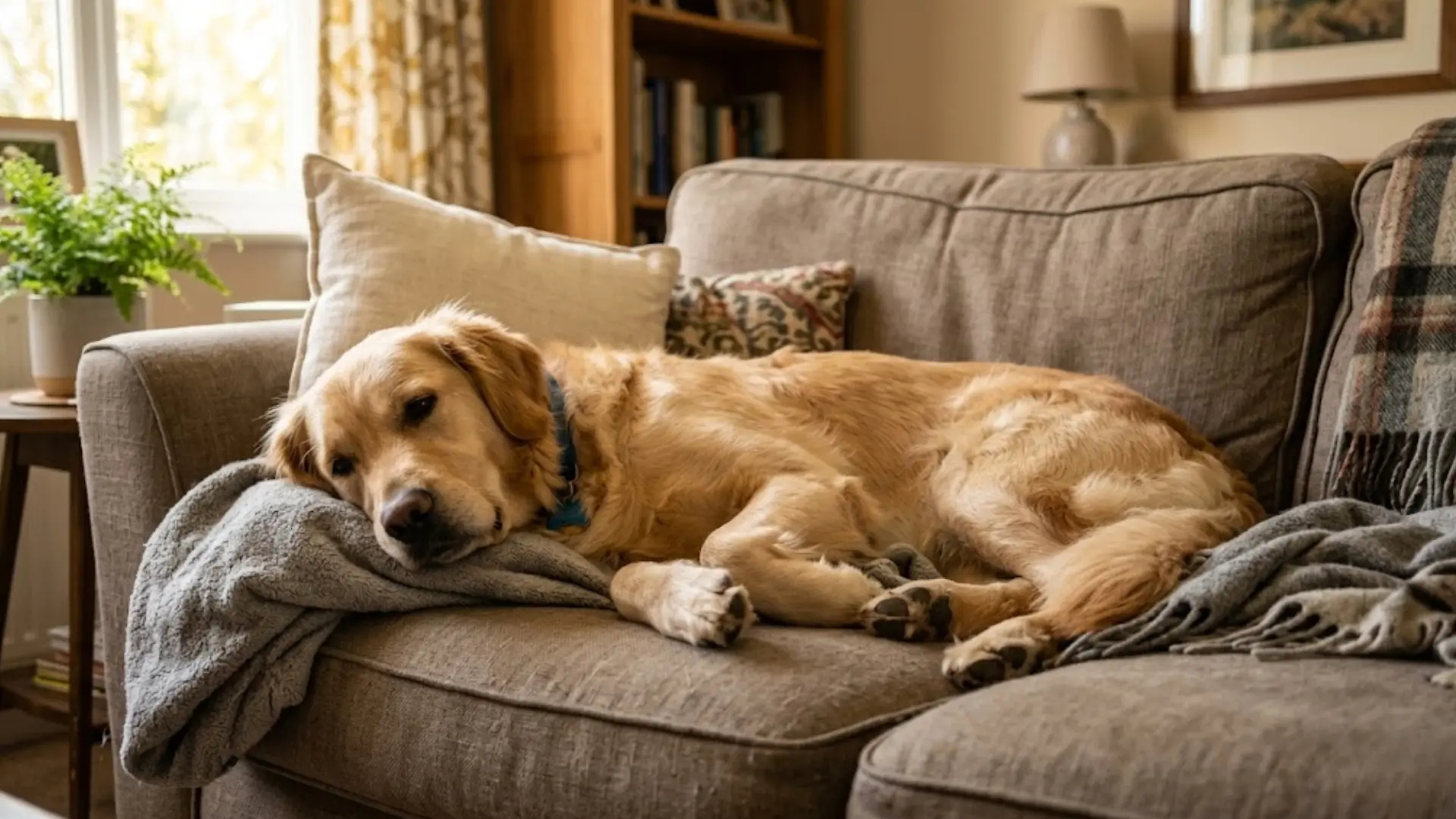 A tired golden retriever lying on a cozy couch, resting its head on a grey blanket