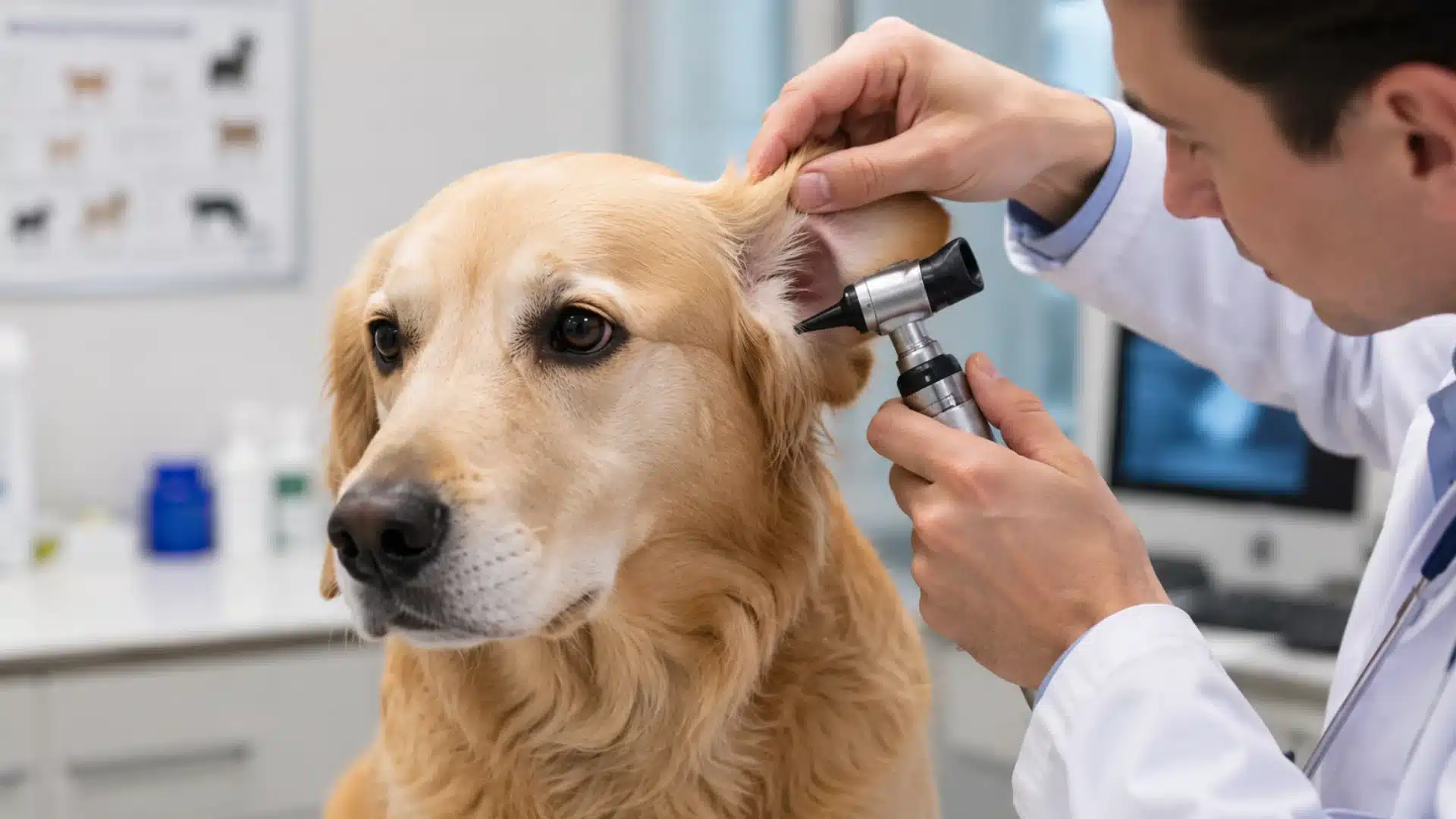 A veterinarian uses an otoscope to examine the ear of a calm golden retriever in a clinical setting
