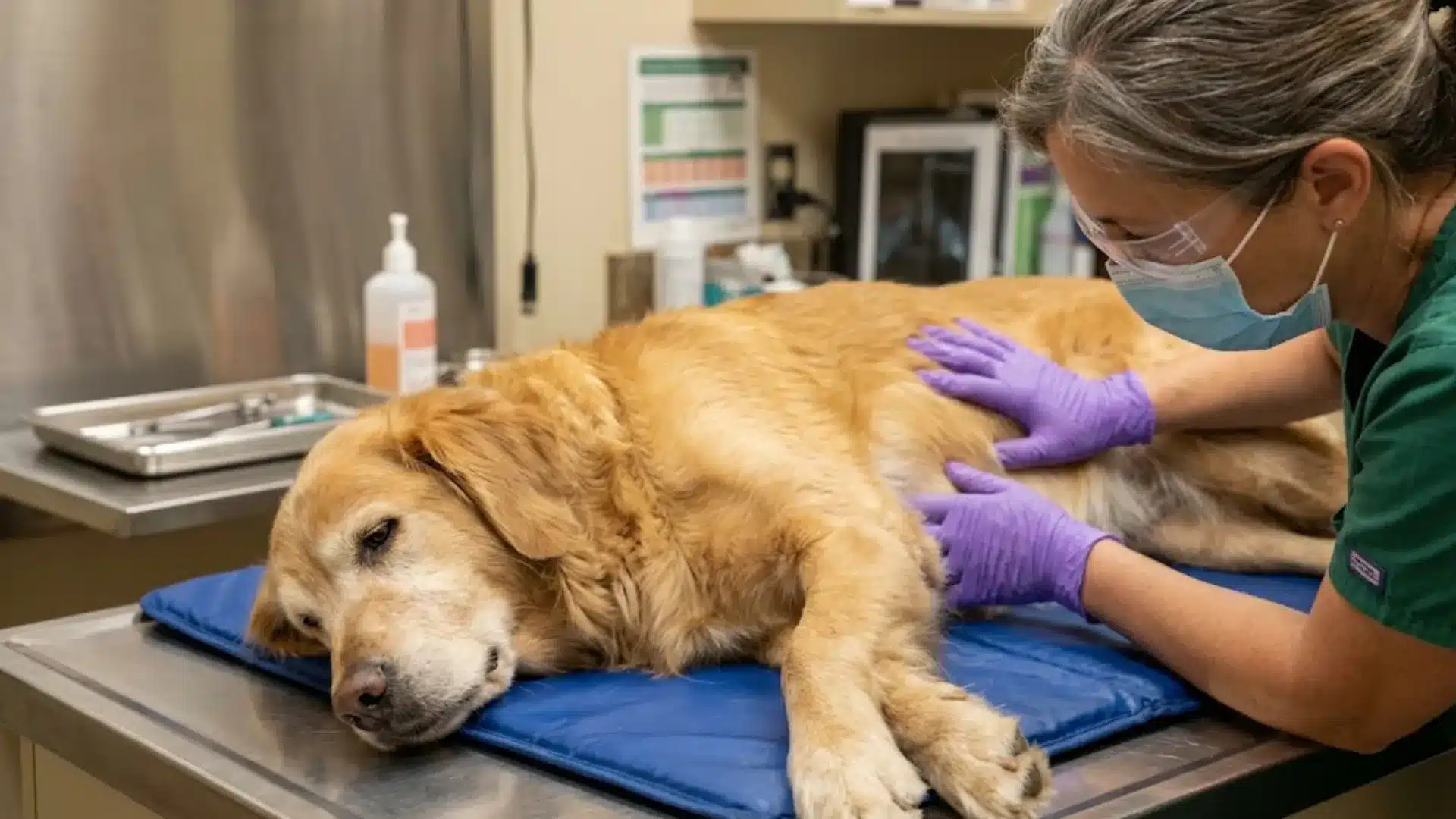 A veterinarian wearing purple gloves gently examines a golden retriever lying weakly on an exam table