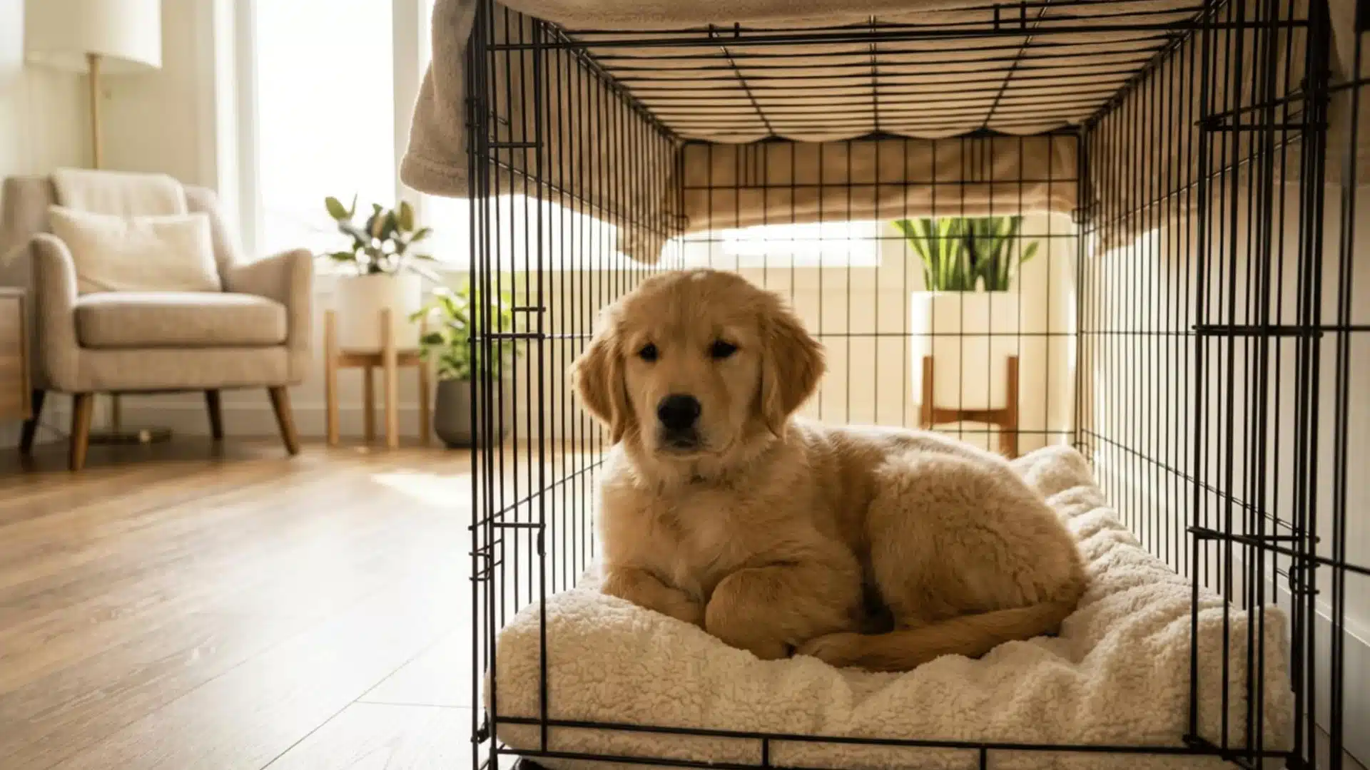 A young golden retriever puppy sitting calmly inside a cozy crate in a modern living room