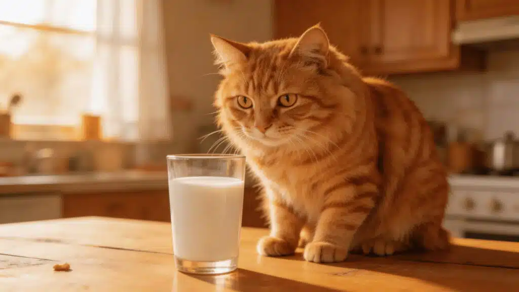 An orange cat sitting on a wooden kitchen table, looking curiously at a tall glass of fresh milk.