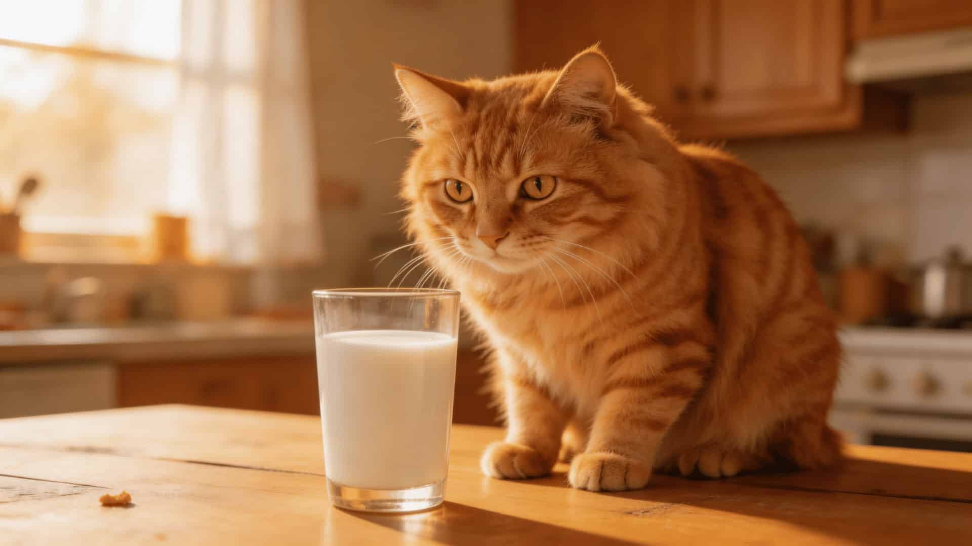 An orange cat sitting on a wooden kitchen table, looking curiously at a tall glass of fresh milk.
