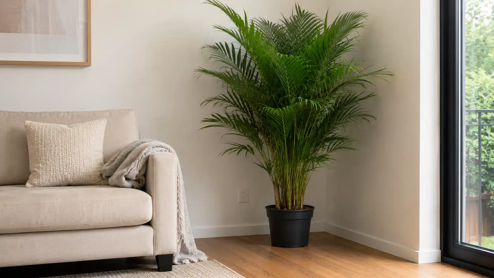 Areca palm in black pot beside beige sofa in bright modern living room with large window