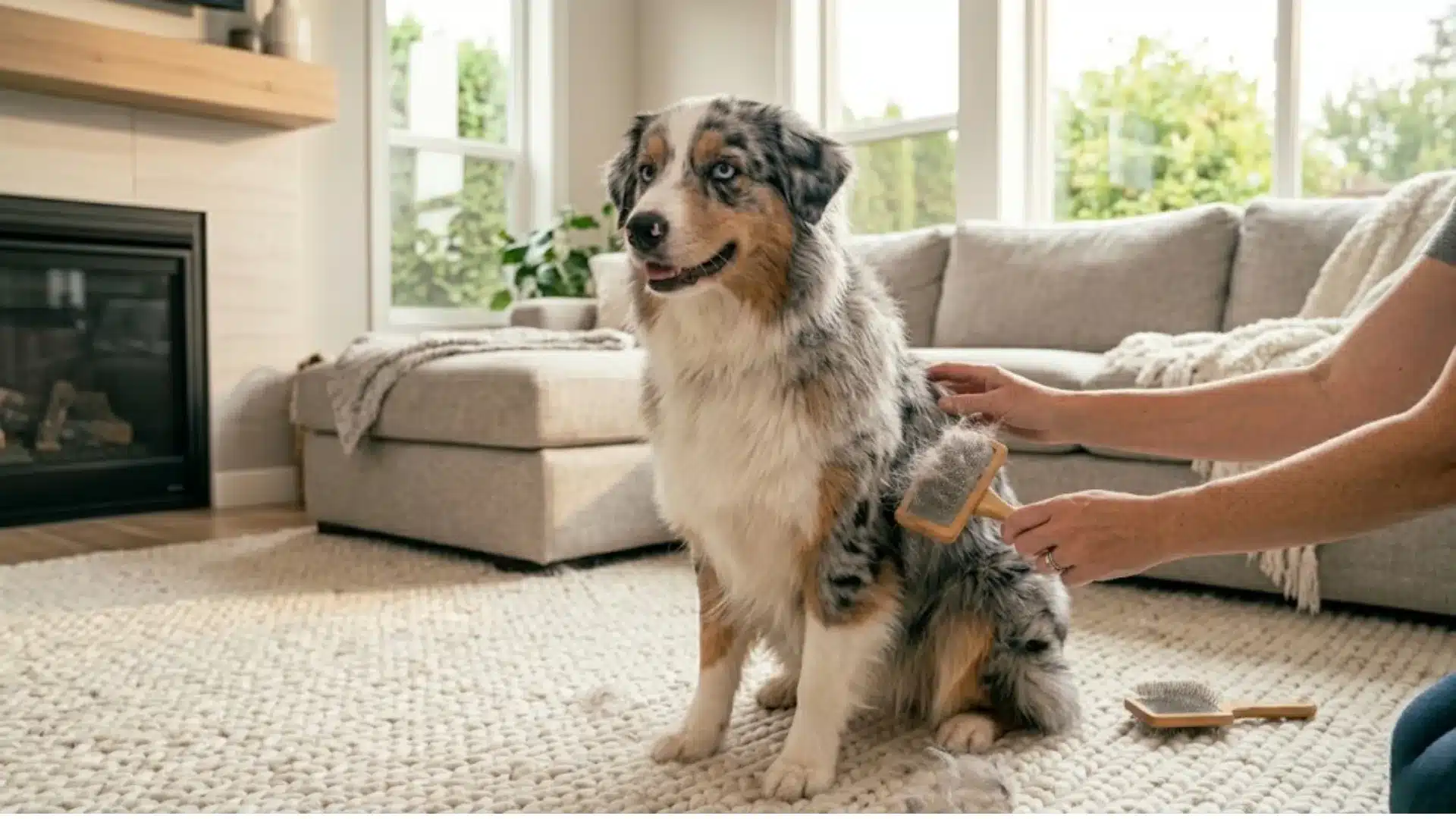 Australian Shepherd being brushed indoors in a bright living room grooming session