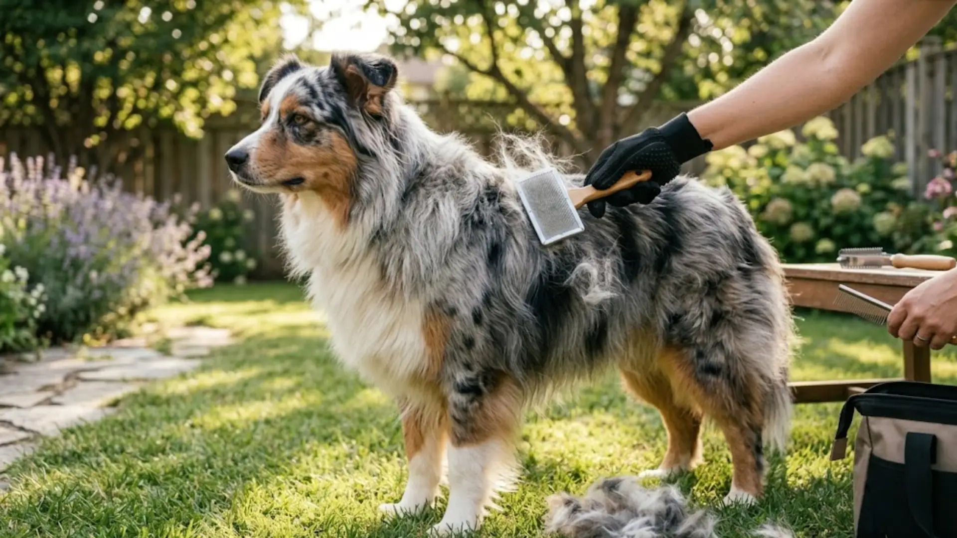 Australian Shepherd being brushed outdoors with loose fur in a sunny backyard grooming session