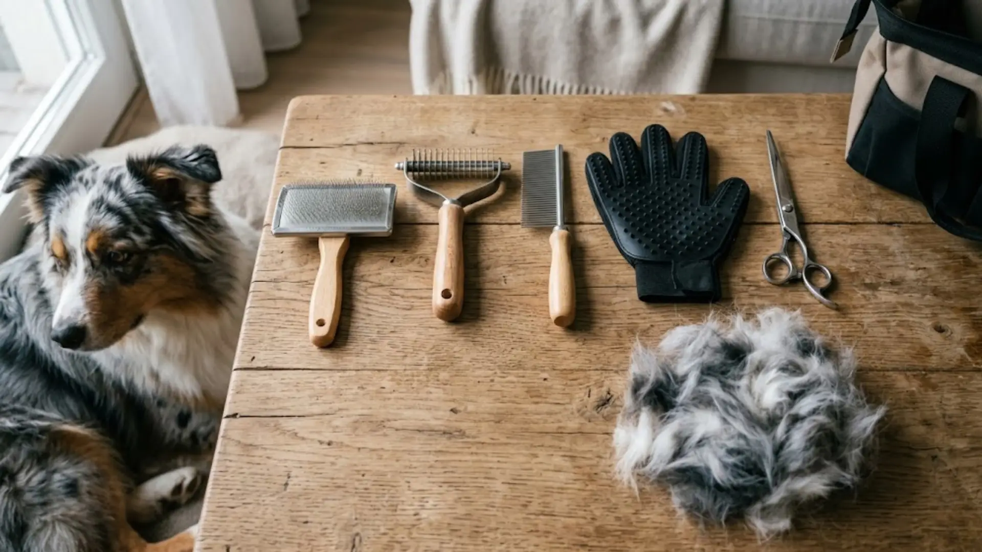 Australian Shepherd beside grooming tools with loose fur on a wooden table indoors
