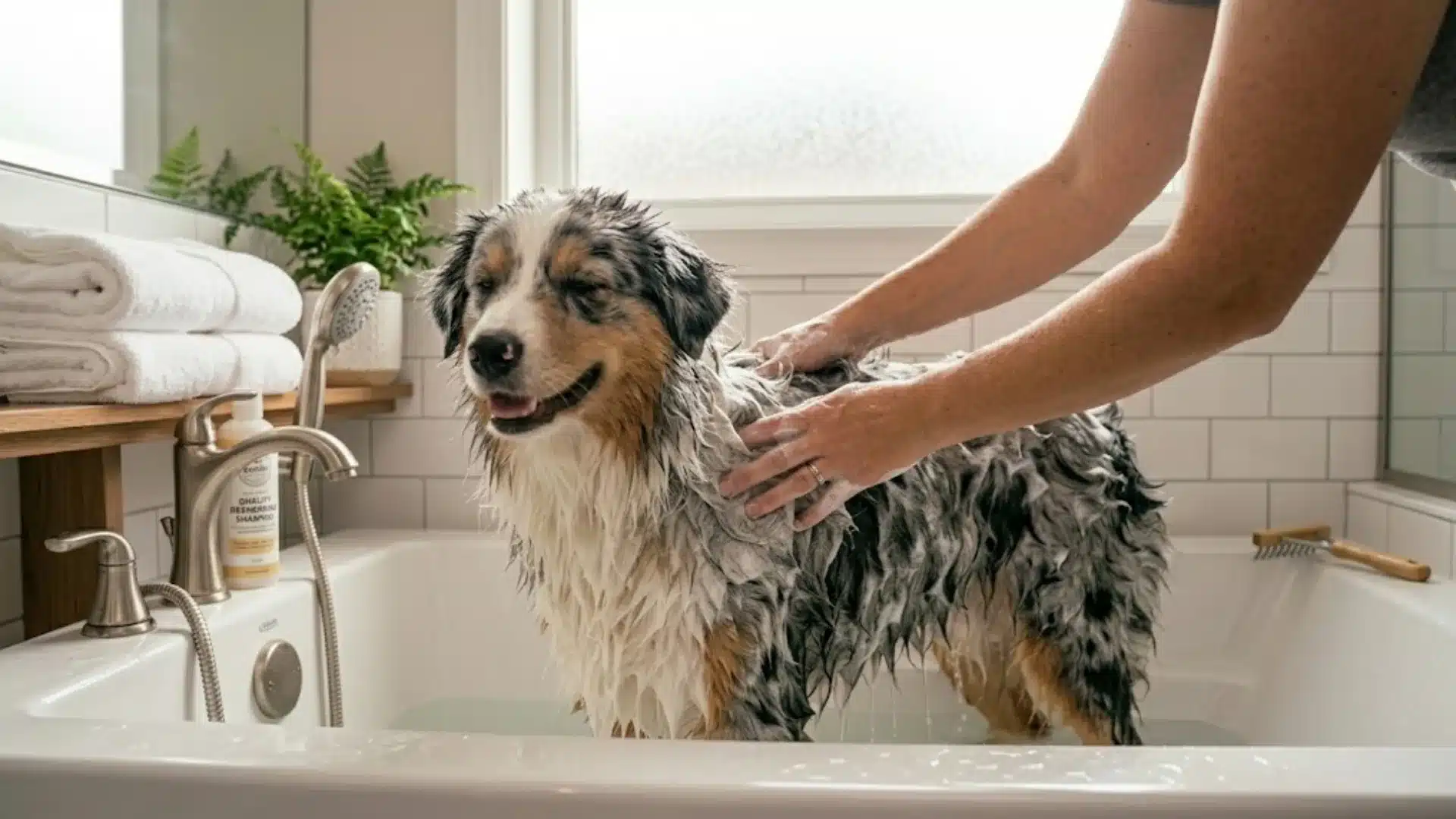 Australian Shepherd getting a bath in a tub during a gentle home grooming session