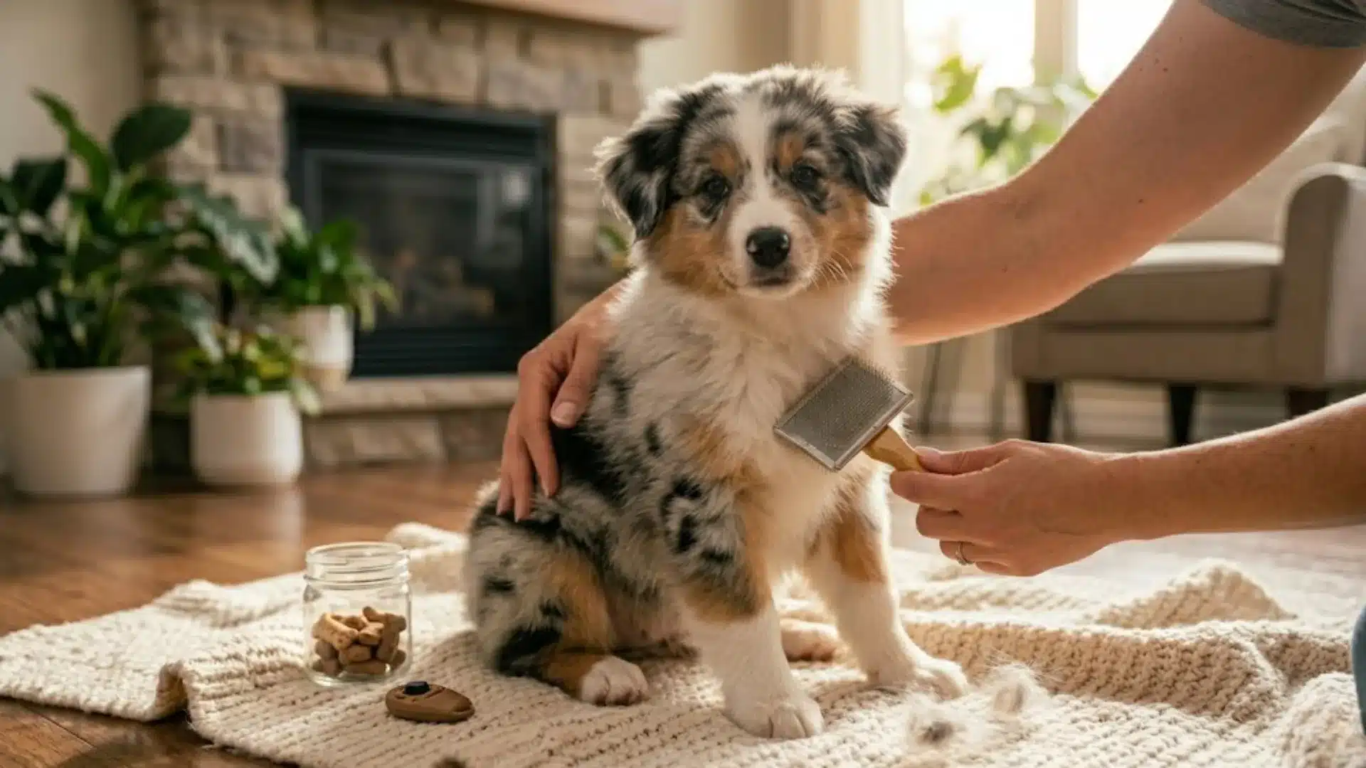 Australian Shepherd puppy being brushed indoors during a calm home grooming session