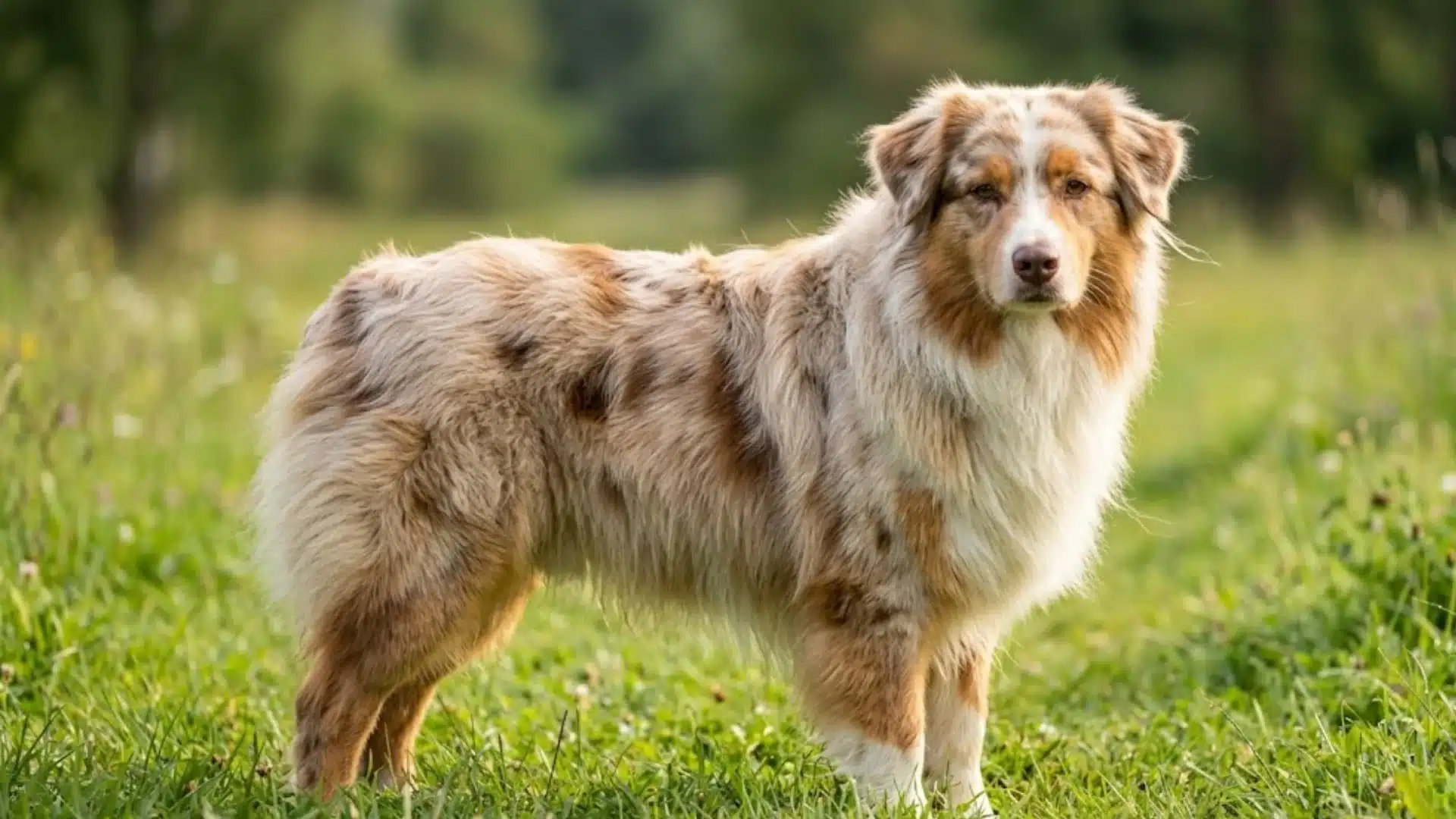 Australian Shepherd with thick double coat standing outdoors in grassy field during shedding season